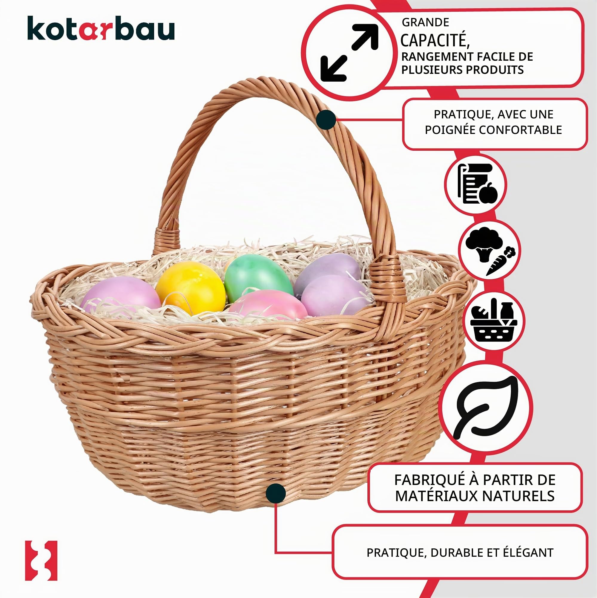 KOTARBAU® Panier de Pâques en Osier avec Anse - Rond Naturel - 33 x 26,5 x 29 cm - Tressé