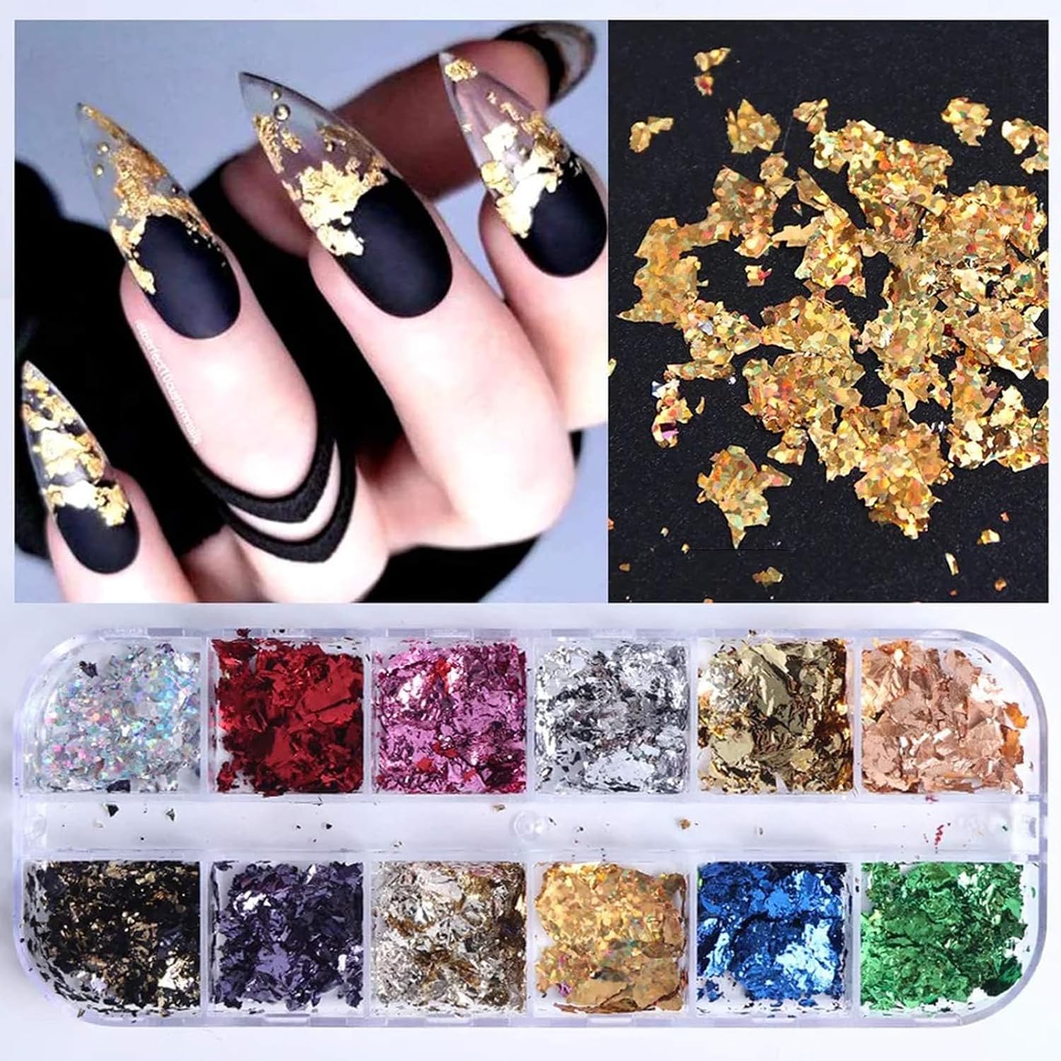 Holographic Nail Foil Flakes, 24 Colors Ultra Thin Metallic Glitter for DIY Nail Art, 3D Manicure Design Tips for Professional Salon and Home Use
