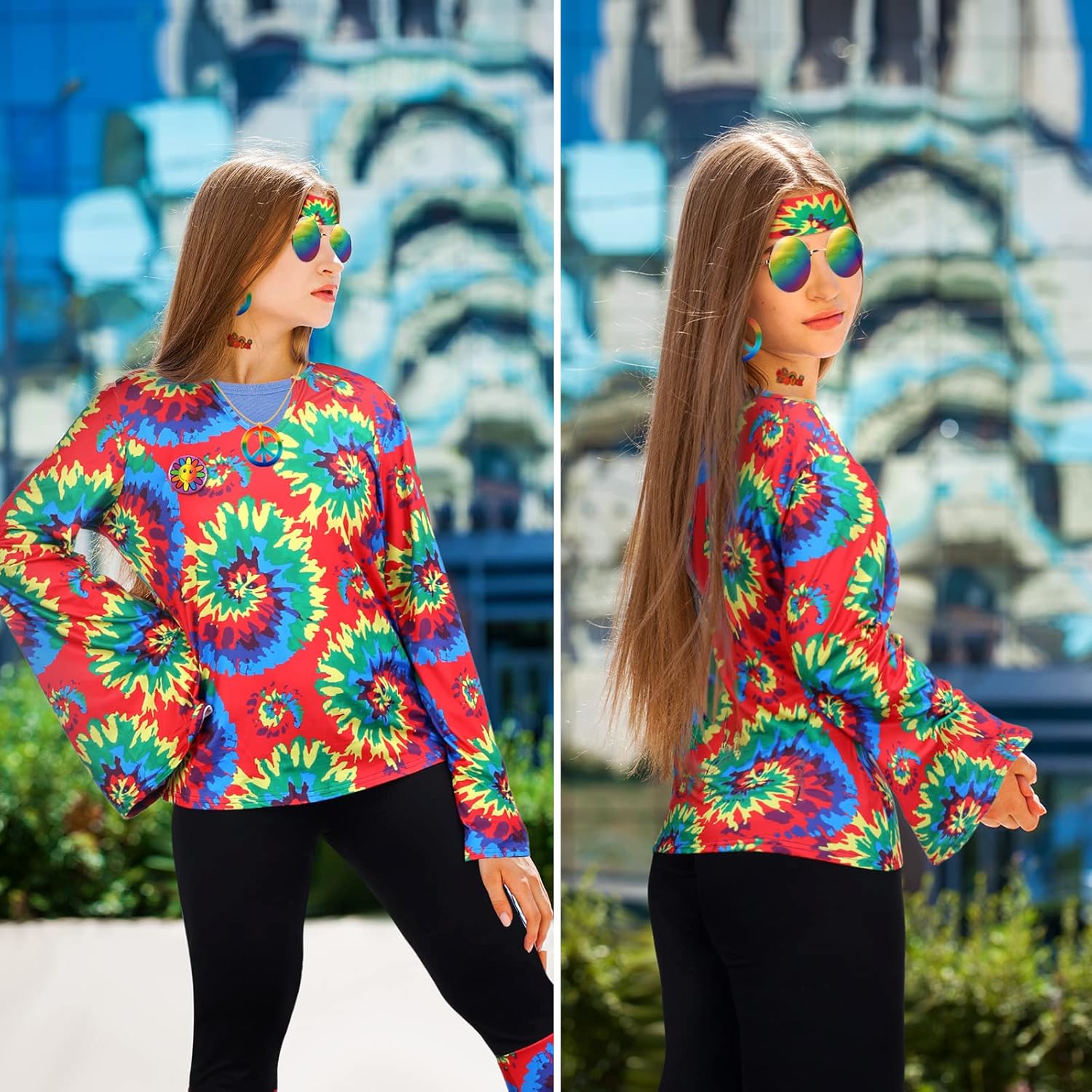 Jiuguva 17Pcs 60s 70s Outfits for Women Hippie Costume Set Disco Outfit Dress Boho Flared Pants Hippie Shirt Headband - Image 5