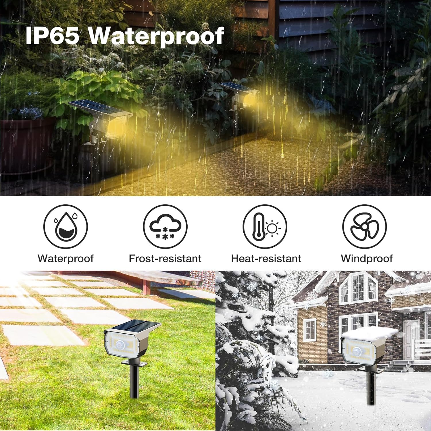 Image showing solar spot lights operating effectively in various weather conditions, including rain, snow, and heat, highlighting their IP65 waterproof, frost-resistant, heat-resistant, and windproof features.