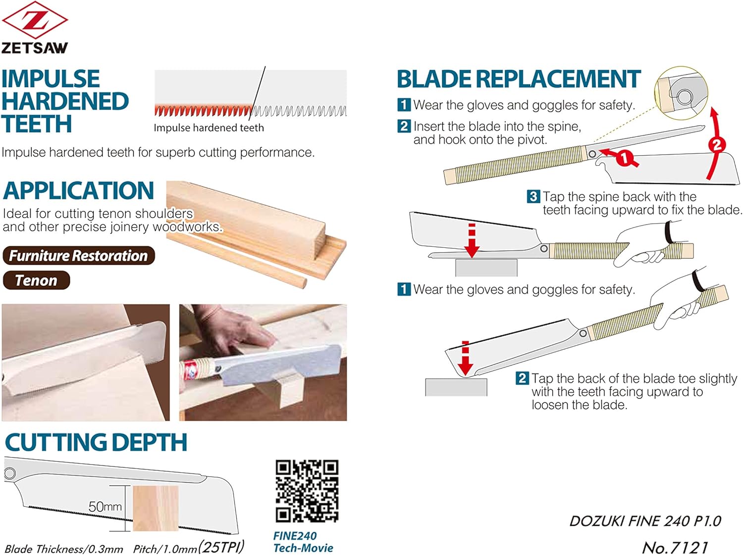 Z-saw DOZUKI FINE P1.0 (240mm) Japanese Pull Saw, Dovetail, Tenon, for Woodworking