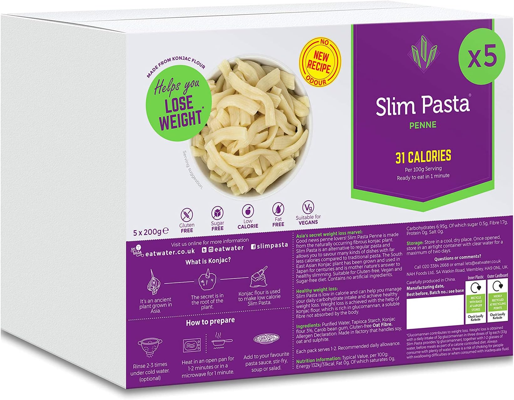 Eat Water Slim Penne Pasta (Enviro Pack of 5 x 200g) Made from Konjac Flour, No Drain - Pasta with Low Carb, Low Calorie, Gluten & Fat Free, Vegan High Fibre, Keto Diet Friendly Ready to Eat Food