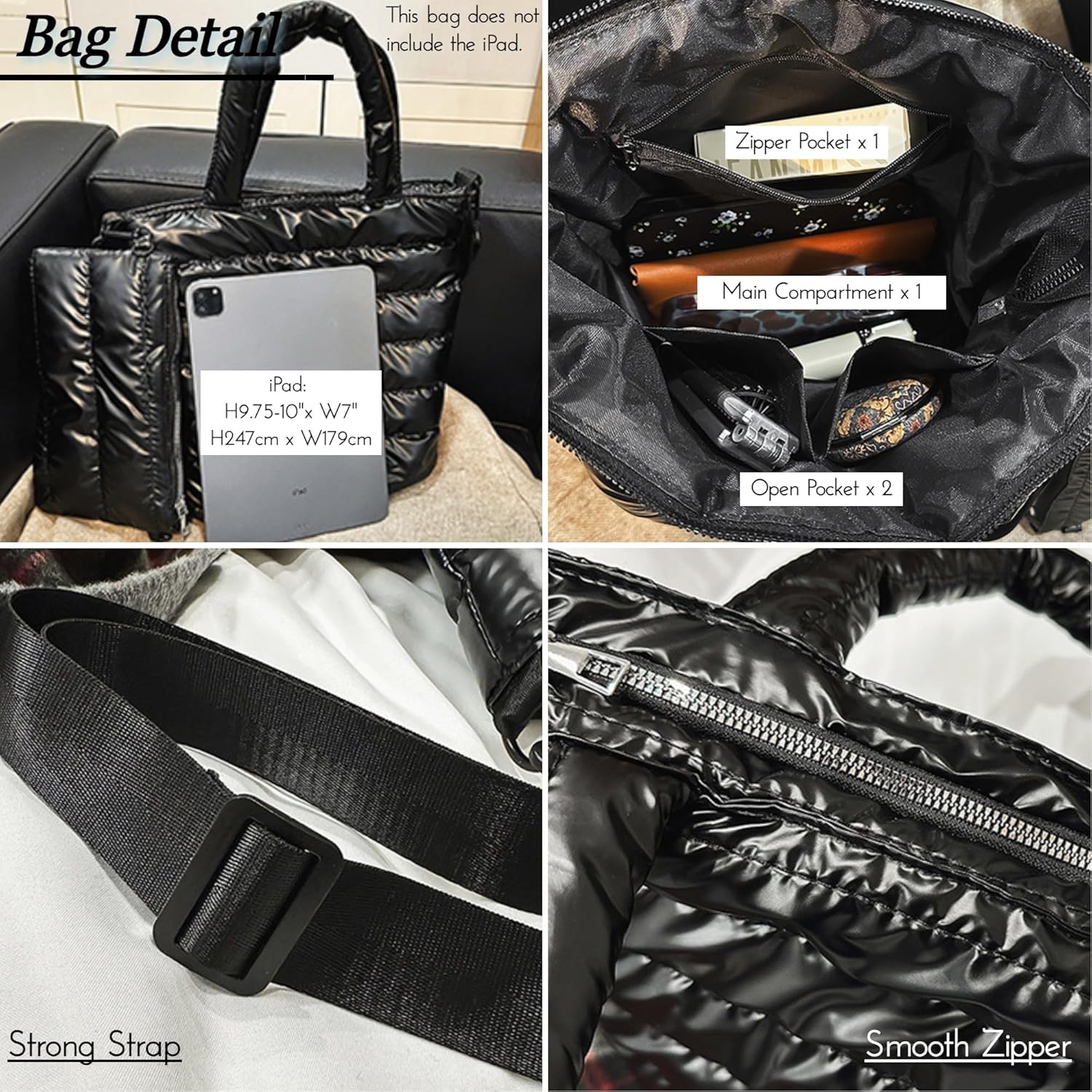 Quilted Metallic Lightweight Crossbody North South Tote Detachable Small Pouch, Puffer Bag Adjustable Strap, Shoulder Bag - Image 6