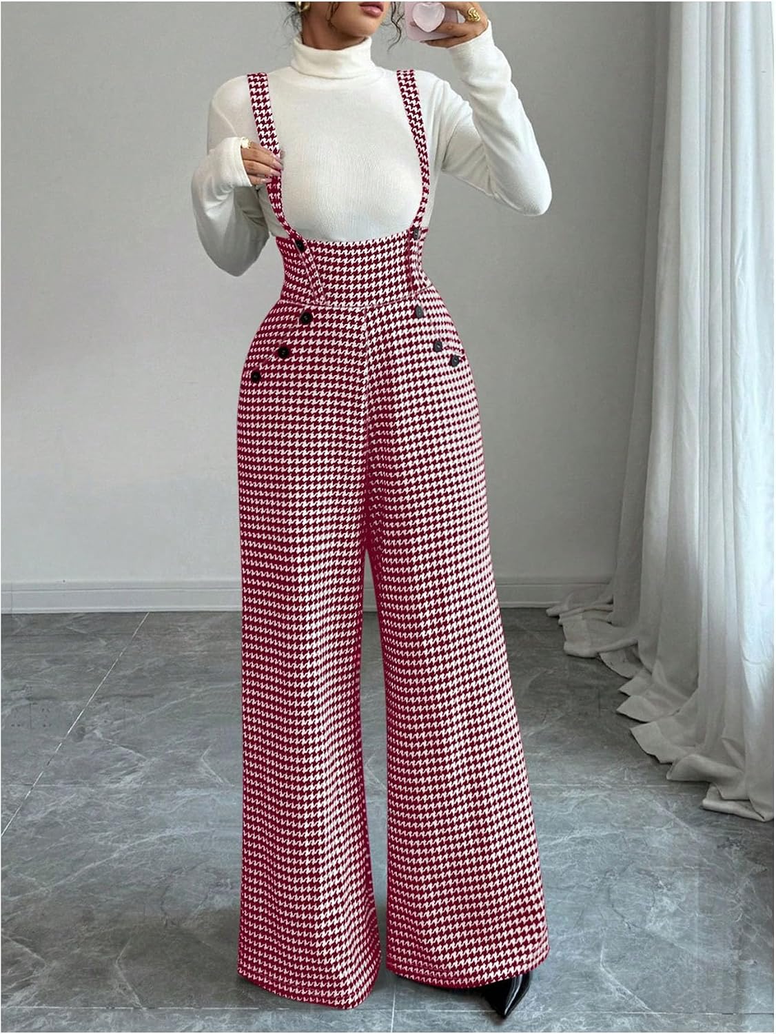 Women's Elegant Houndstooth Wide Leg Jumpsuits Old Money Button Front Work Suspender Pants with Pockets