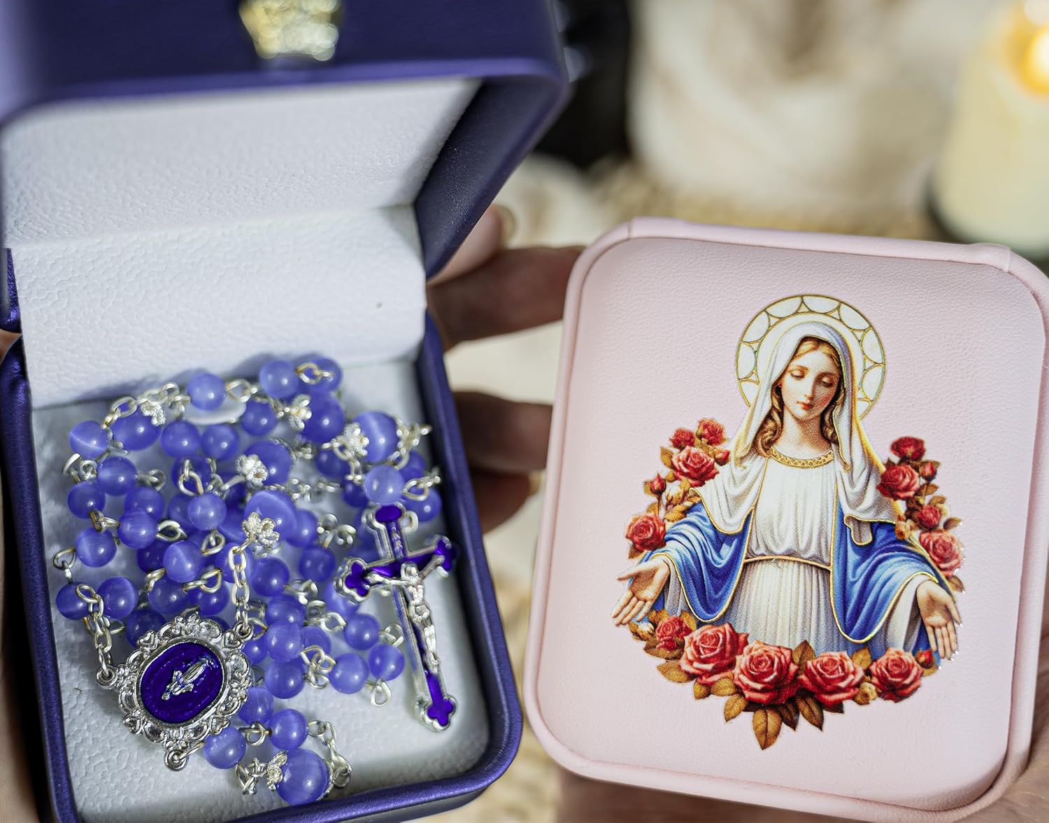 Rosary Necklace for Women - Cat's Eye Beads with Virgin Mary Medal & PU Leather Gift Box, Catholic Miraculous Medal Rosary - Image 5