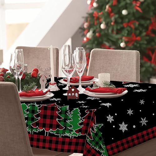 Miniatura 4 de Mantel de Navidad, árbol de Navidad, rectangular, 60 x 84 pulgadas, diseño de búfalo negro, a cuadros, oblongo, invierno, Navidad y copo de nieve,
