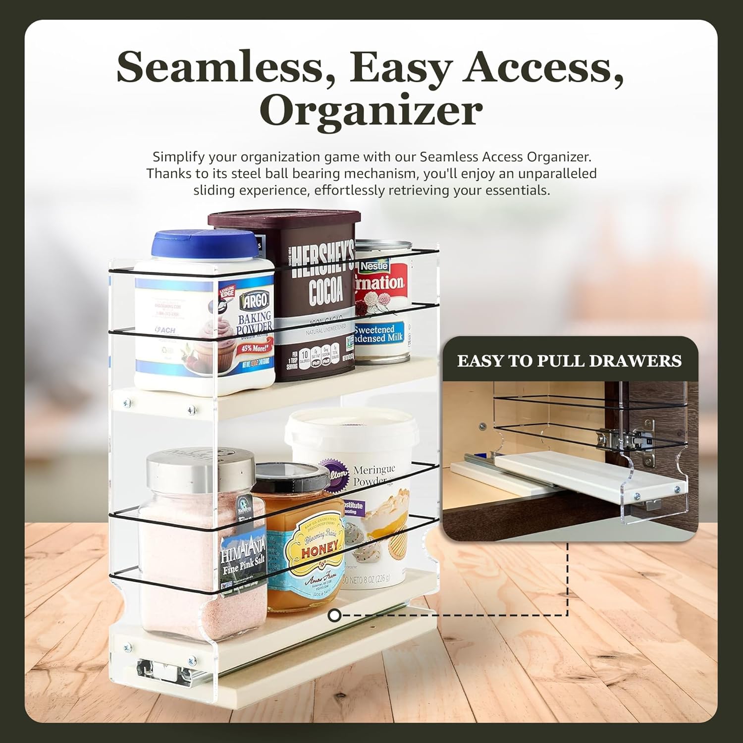 Cream 2-Tier Sliding Spice Rack Organizer with Acrylic Ends