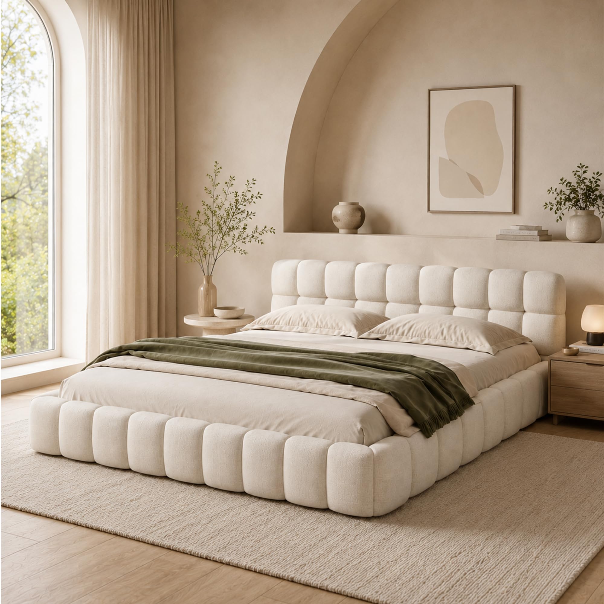 DULRLLY Bubble Bett 140x200, Bett 140x200 mit Lattenrost, Jugendbett mit Gepolstertes Kopfteil, Bettgestell für Schlafzimmer und Gästezimmer, ohne Matratze, Leinenstoff (Beige)