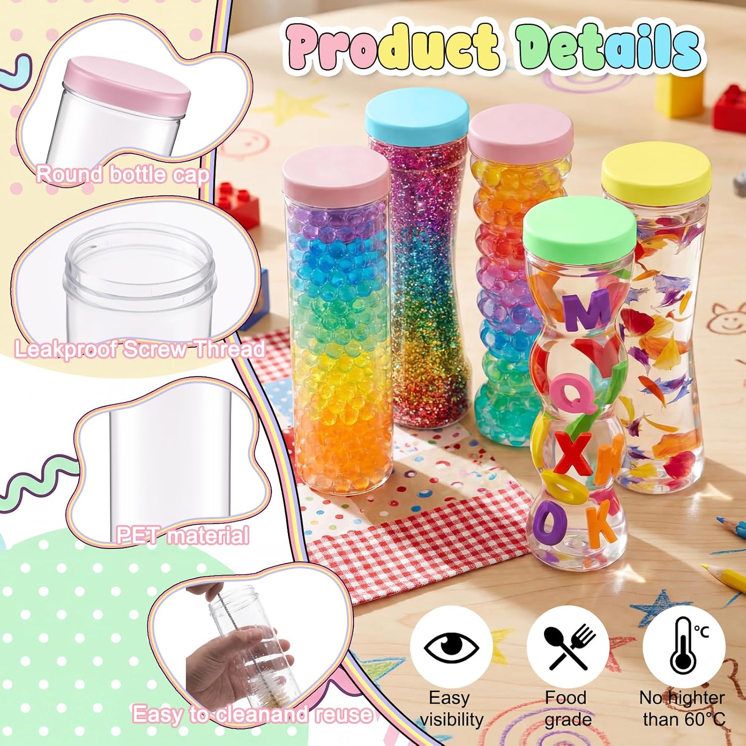 30 Pcs Empty Plastic Sensory Bottles with Lids Caps 5 Styles 9-10.5 oz Reusable Clear Plastic Bottle Bulk for DIY Craft Decoration Sensory Crafts Classroom Handmade Party Supply(Multicolored)