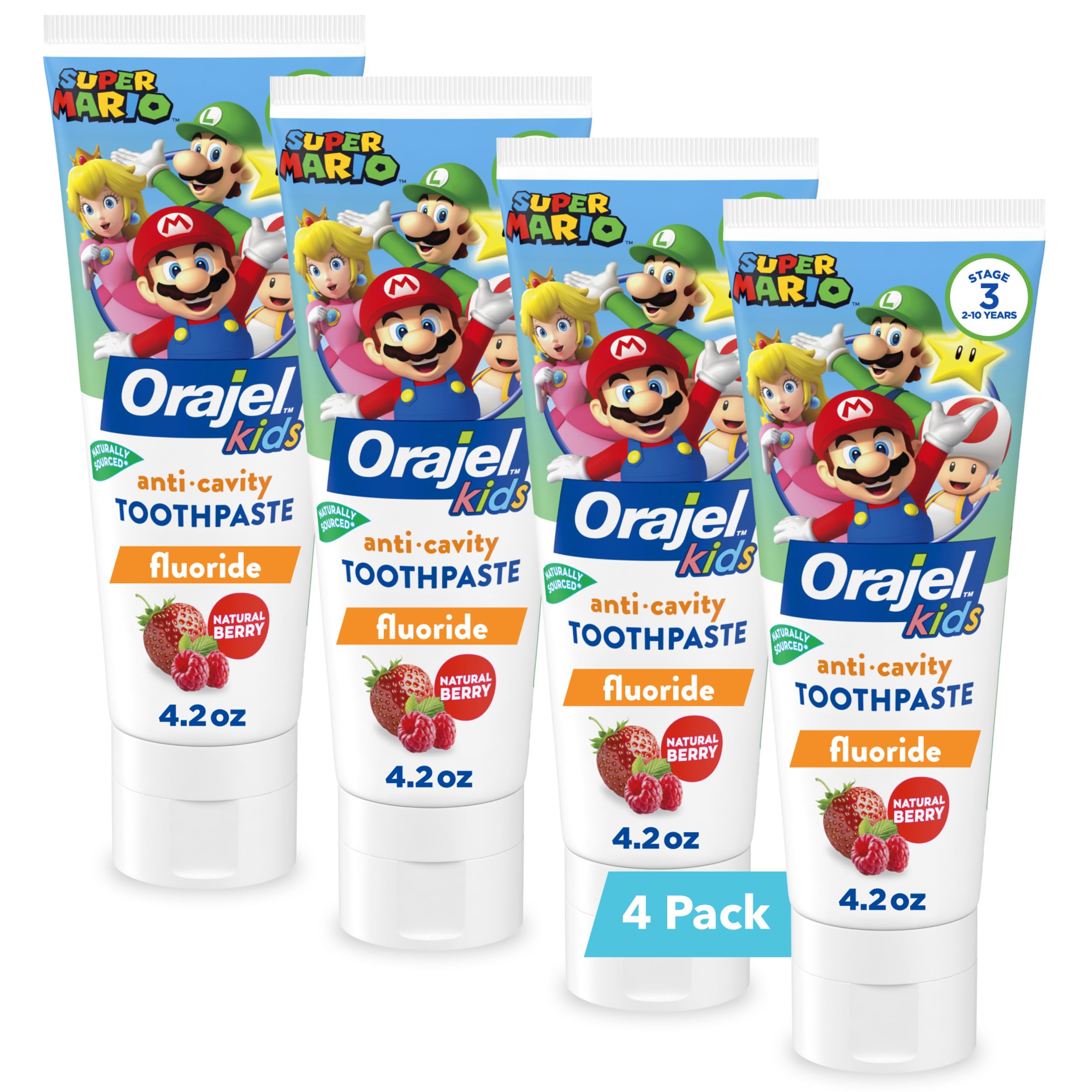 Kids Super Mario Anti-Cavity Fluoride Toothpaste, Natural Berry Flavor, 4.2oz Tube, 4-Pack