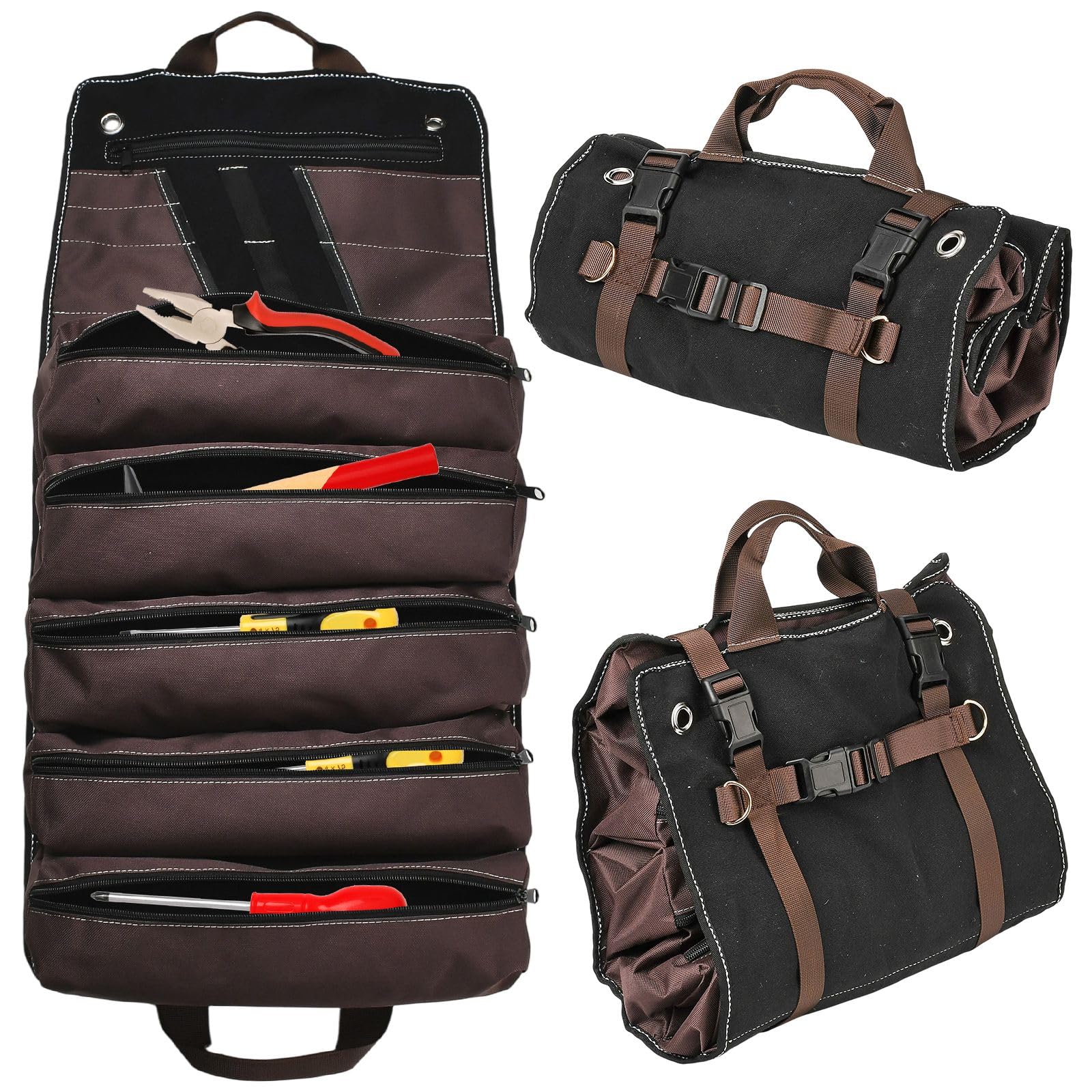 Sac à outils enroulable noir XhuangTech avec 15 poches en toile cirée de 15L