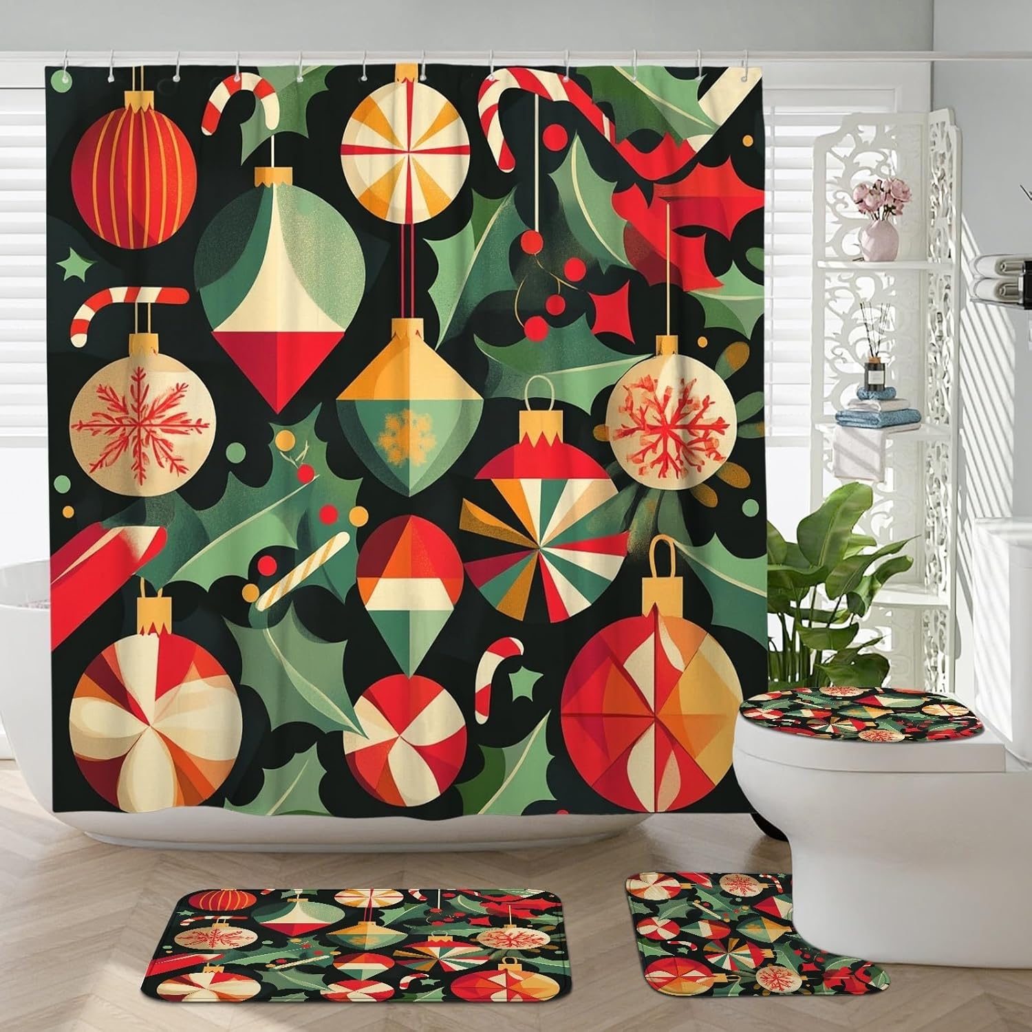 4PCS Christmas Holly Balls Bathroom Sets, Bath with Non-Slip Rug, U Shape Toilet Lid Cover Mat, Xmas Balls Pine Plant Leaf Bathroom Decor-72''x72''