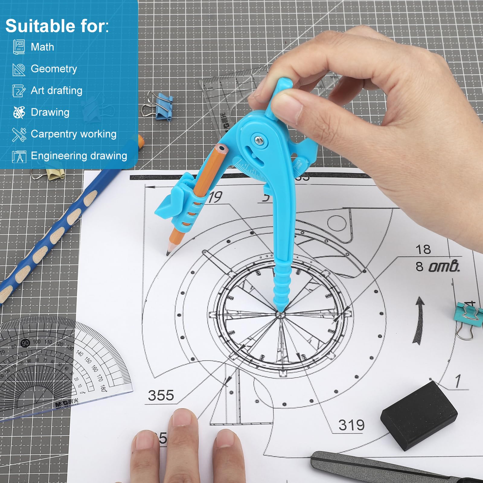 20 brújulas, herramienta geométrica, multicolor, brújula de dibujo para geometría, brújula de geometría de plástico con lápiz para estudiantes, aula, escuela, oficina, dibujo artístico (4 colores, 20
