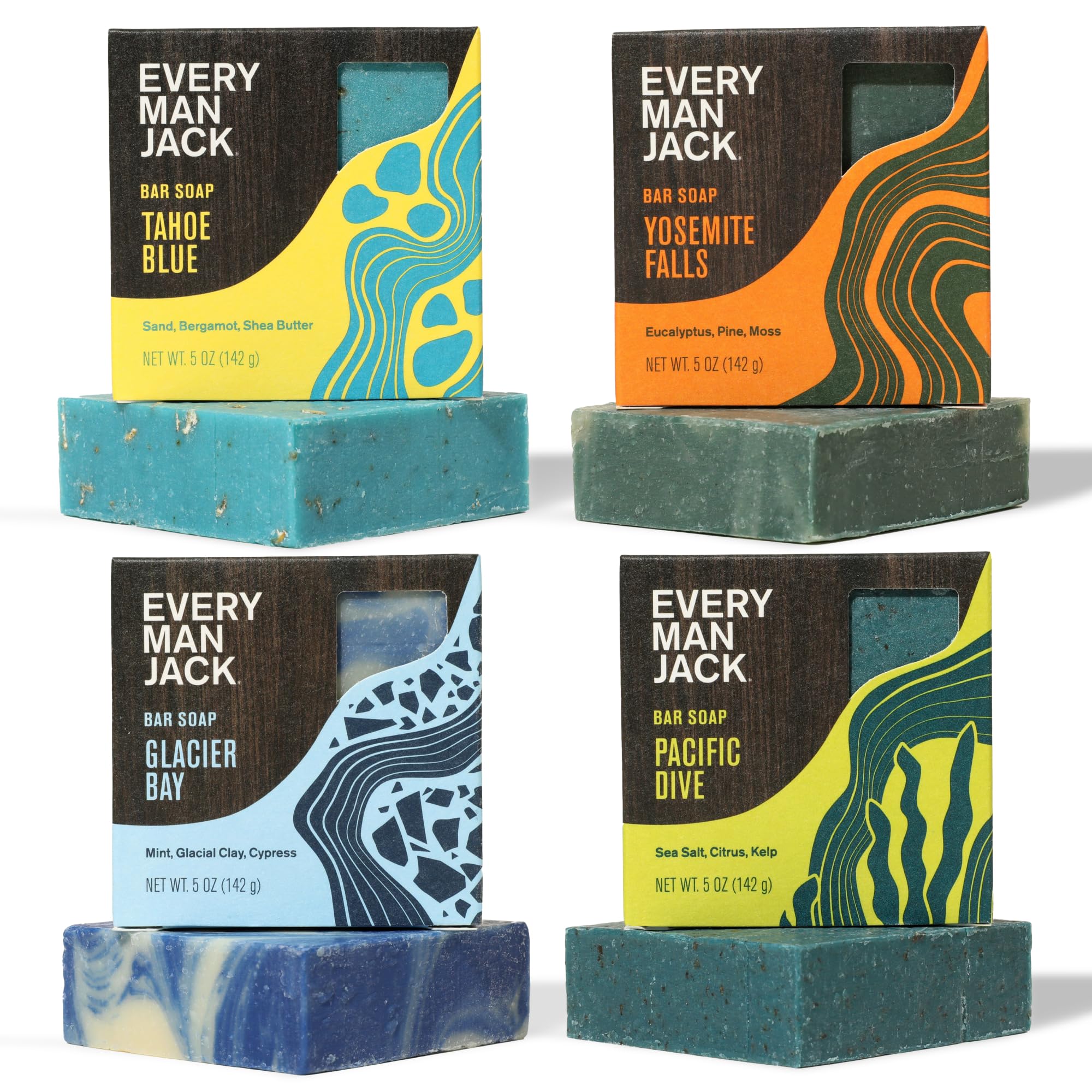 Every Man Jack Cold Plunge Mens Bar Soap Set - Deeply Cleans, Hydrates with Naturally Derived Ingredients - Includes Iconic Scents like Pacific Dive, Glacier Bay, Tahoe Blue, Yosemite Falls, 4 Bar Set