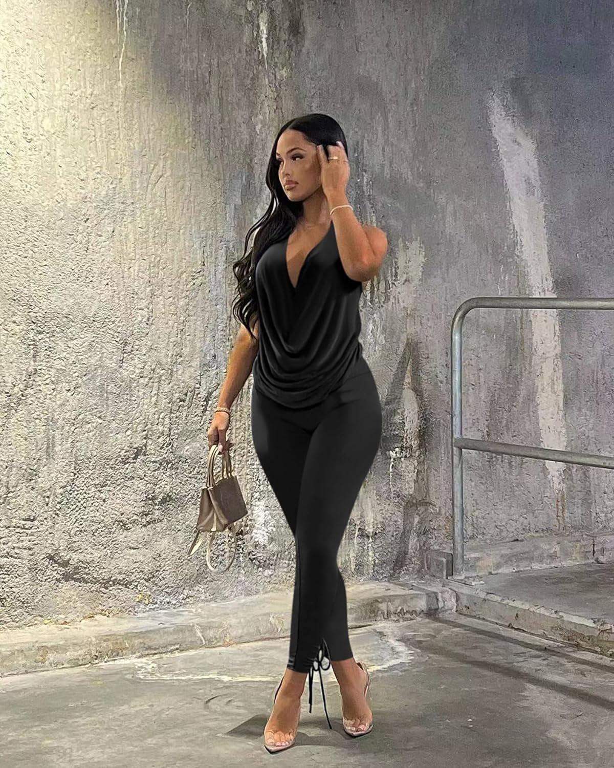 Doweha Women's Sexy Summer Two Piece Outfits Sleeveless Backless Deep V Neck Tank Tops And High Waisted Pants Matching Sets - Image 4