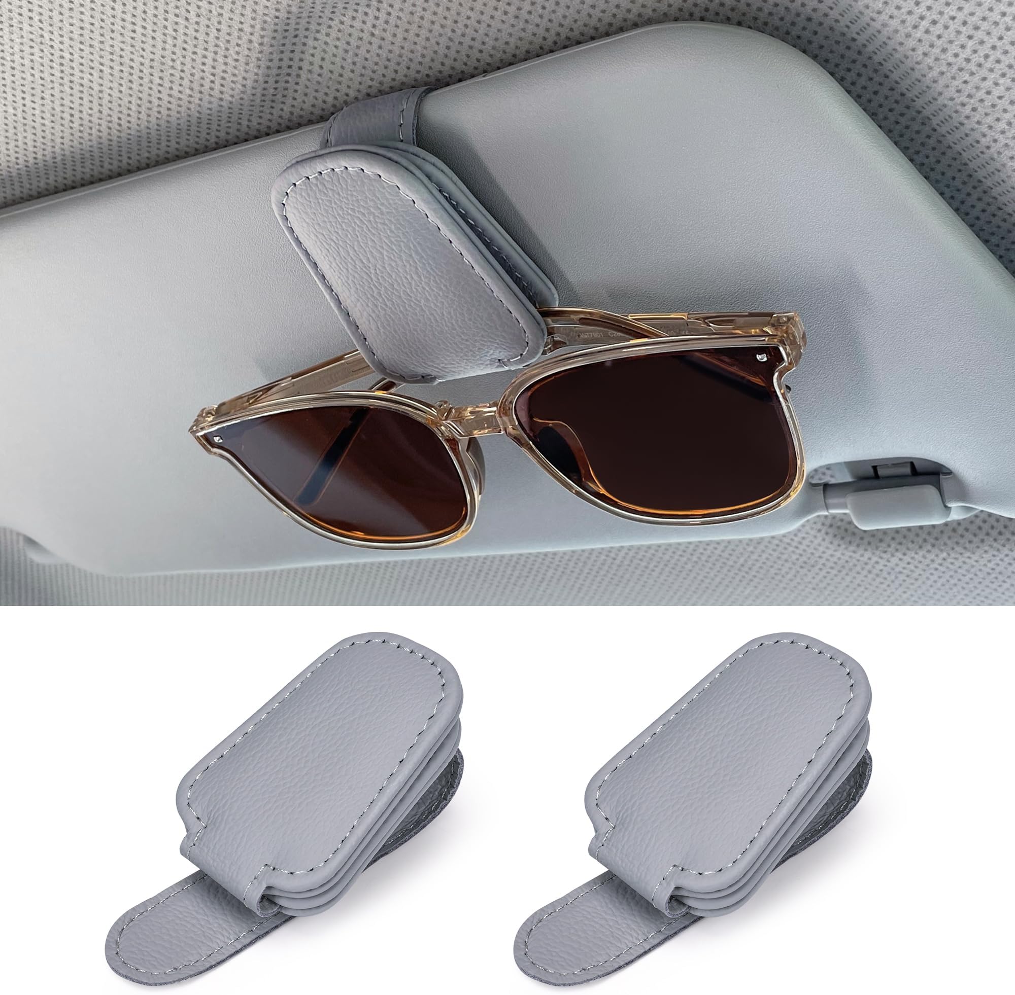 Sunglasses Holders for Car Sun Visor, 2pack Magnetic Leather Glasses Eyeglass Hanger Clip for Car, Ticket Business Card Clip Eyeglasses Mount Car Visor Accessories (Grey)