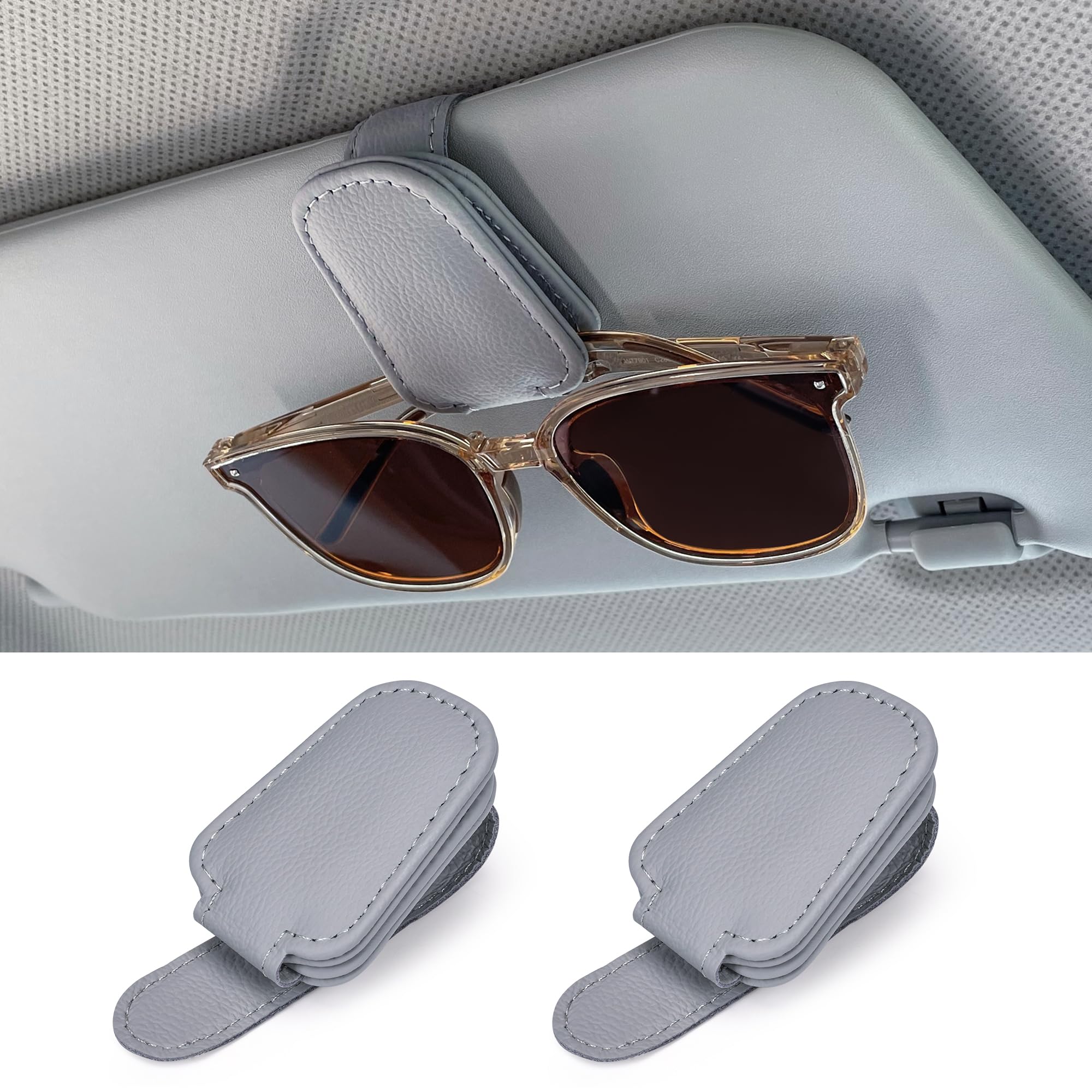 Sunglasses Holders for Car Sun Visor, 2pack Magnetic Leather Glasses Eyeglass Hanger Clip for Car, Ticket Business Card Clip Eyeglasses Mount Car Visor Accessories (Grey)