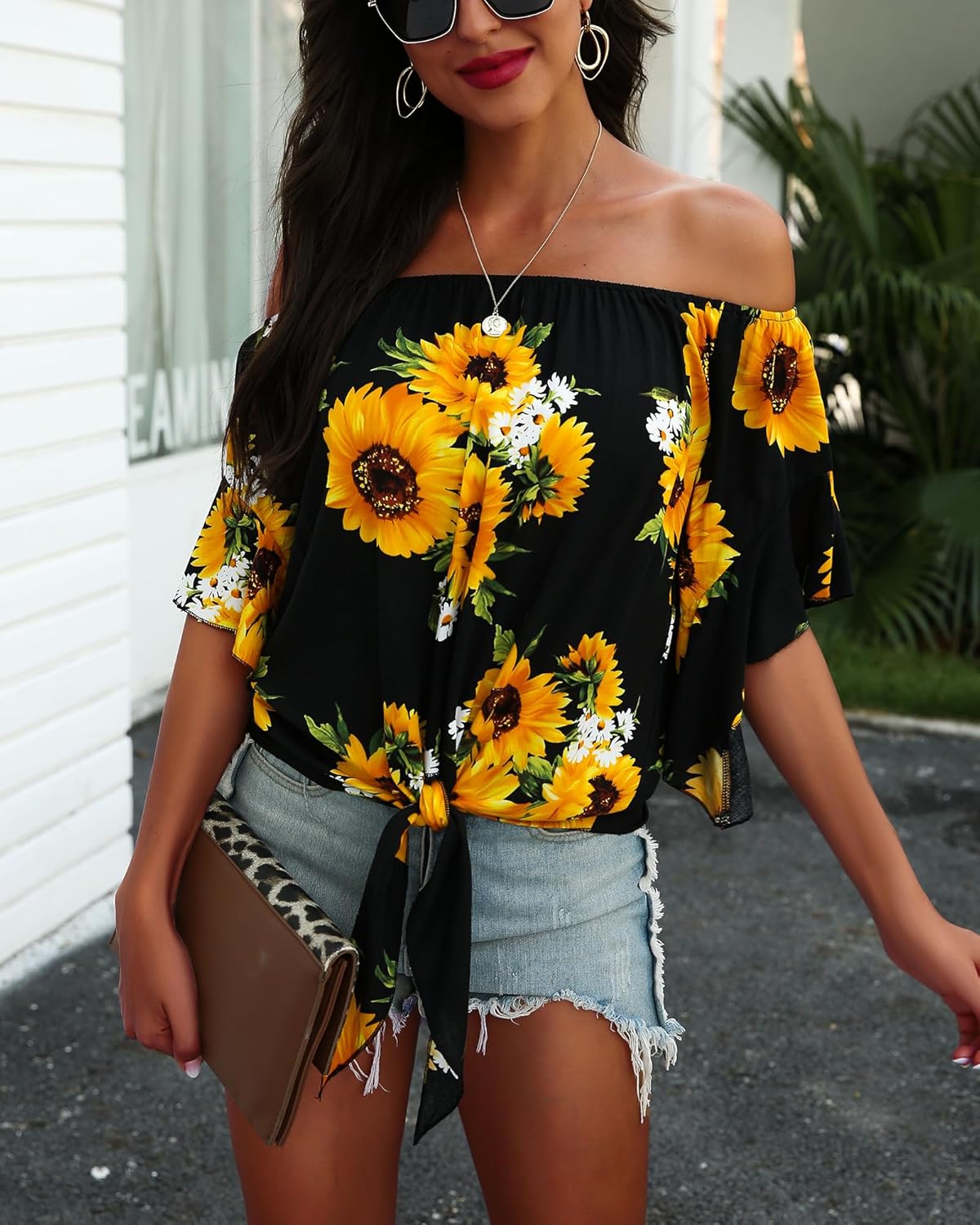 Hibluco Womens Off Shoulder Tops Sexy Floral Print Crop Tops Summer Blouses T-Shirt - Image 2