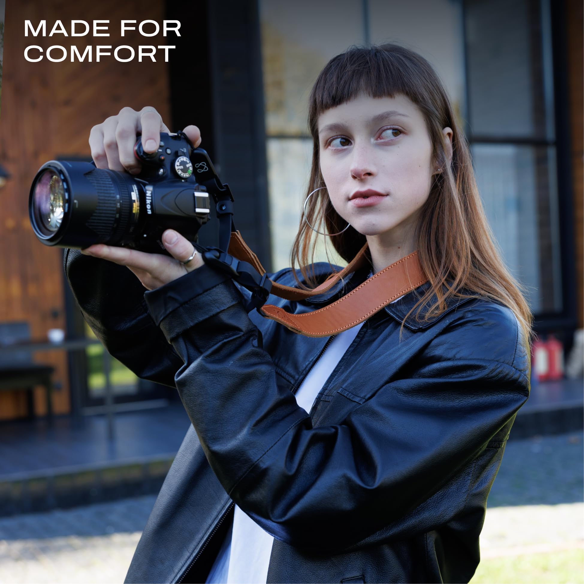 C Coiro Bandoulière classique en cuir avec libération rapide, configurable comme sangle, tour de cou réglable, bandoulière pour appareil photo reflex numérique, pour photographes, classique/brun clair