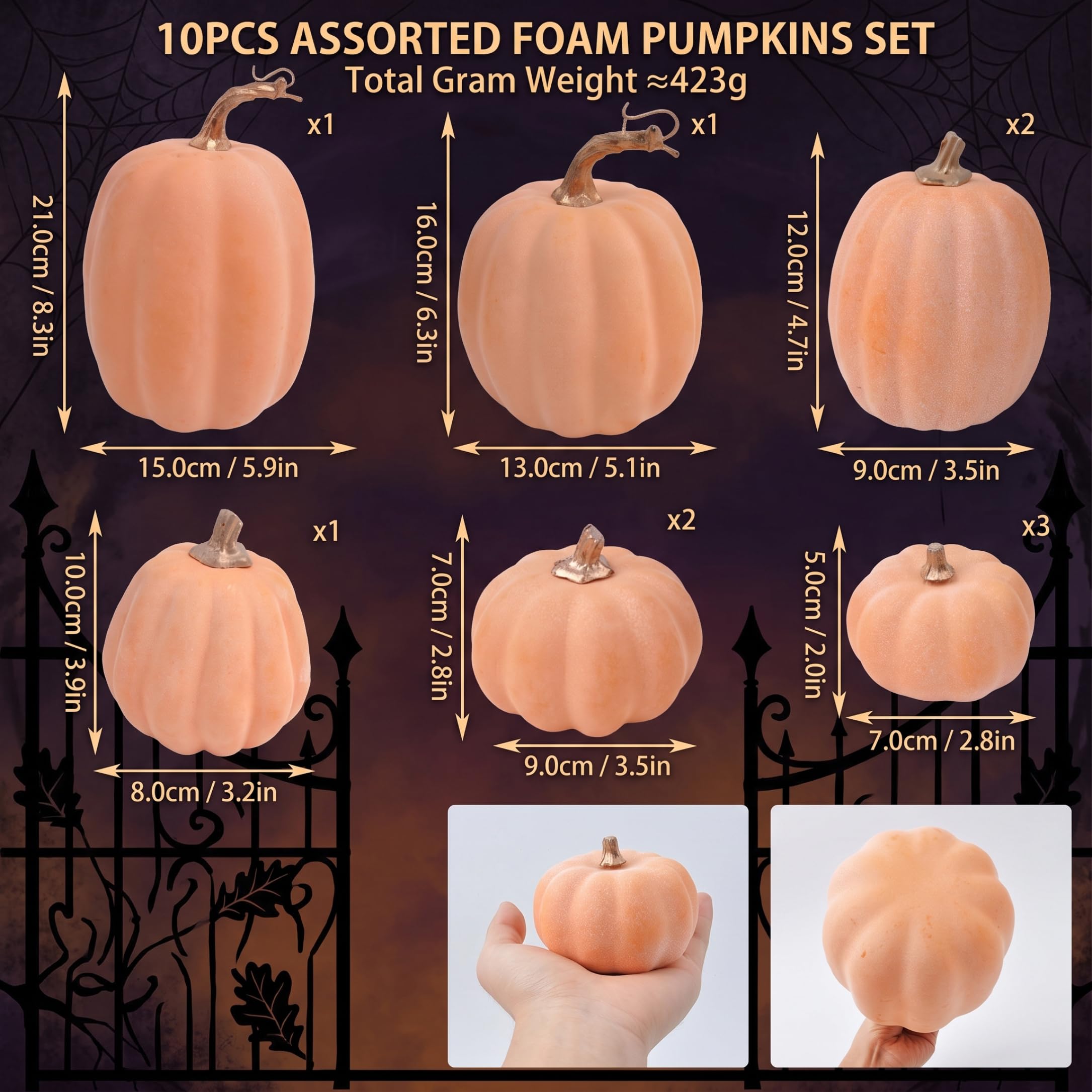 Zucca di Halloween Zucche artificiali da 10 pezzi in dimensioni assortite Arancione chiaro