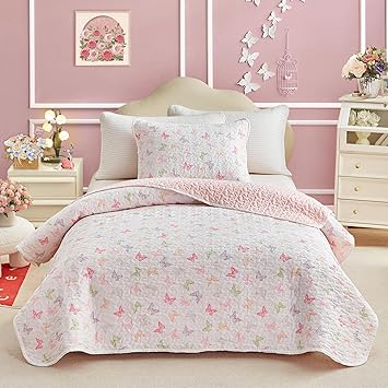 Joyreap Twin Size Quilt Set for Girls, Colorful Butterflies Pink Design, 2pcs Soft n Cozy Microfiber Quilt, Bedspread Bed Cover for All Season- 68x88 inches