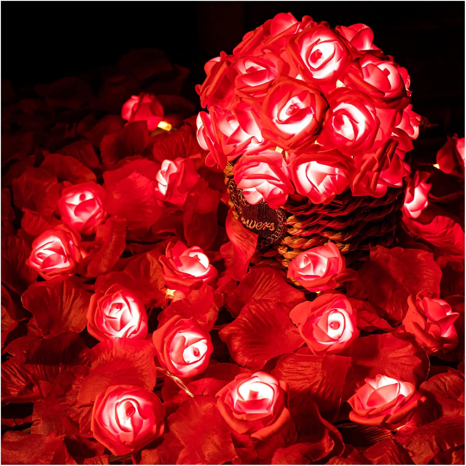 Rose Flower String Lights, 20 LED, 10Ft, Indoor/Outdoor, LED, Romantic, Red, Pink, White, Wedding, Valentine's Day, Christmas, Artificial Flowers Garland