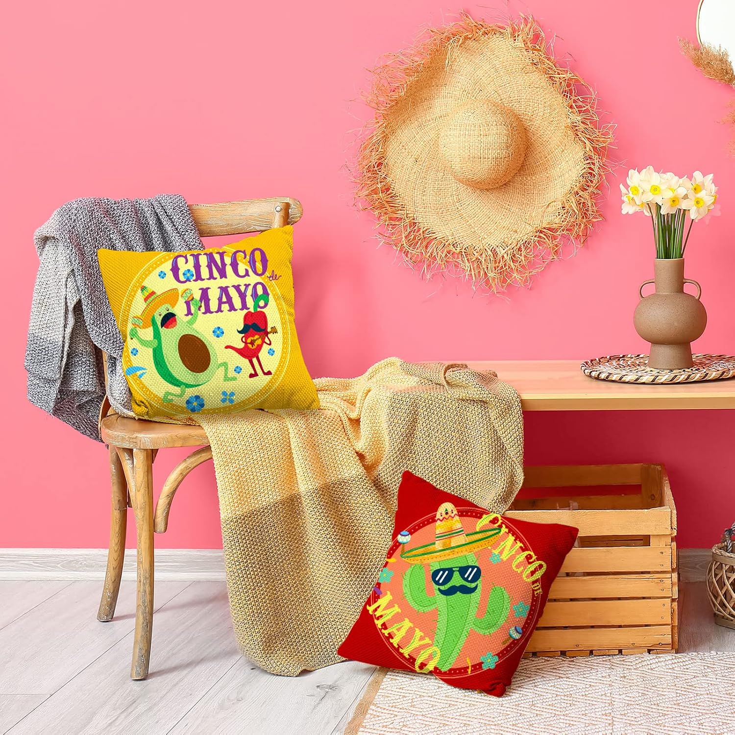 AnyDesign Mexican Fiesta Throw Pillow Covers Cinco De Mayo Pillow Case Colorful Mexican Cactus Avocado Cushion Case for Home Party Celebration Decoration Supplies, 18 x 18 Inch, 4Pcs
