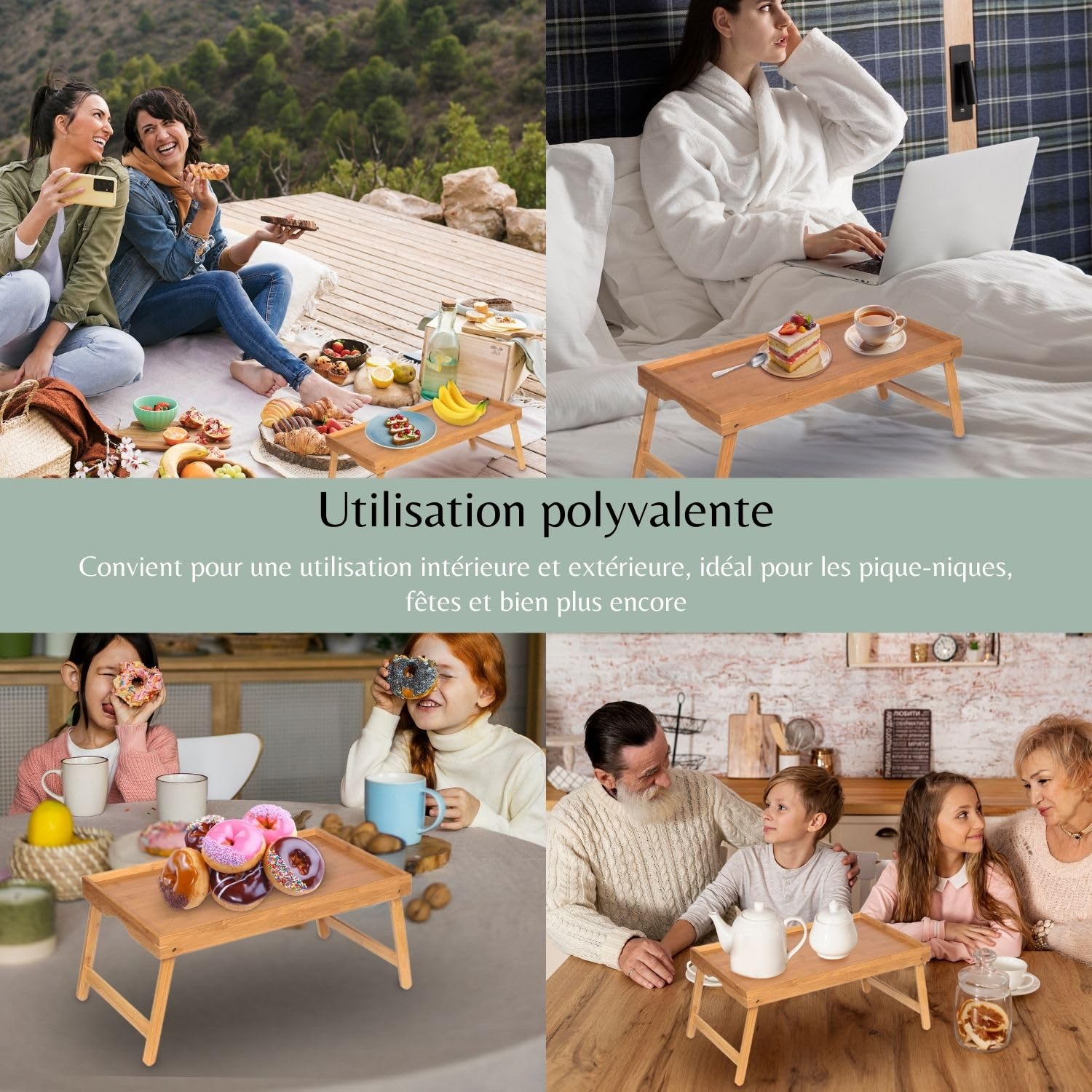 Daniks Plateau de Lit en Bois avec Pieds Pliables et Support pour Téléphone et Tablette, Table de Petit-Déjeuner pour Ordinateur Portable, Apéritif, Collations et Canapé