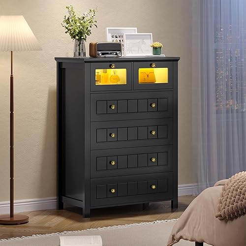 MSmask Cómoda para dormitorio, cómoda negra con 6 cajones profundos, cómoda ancha con luces LED, armario de almacenamiento de madera con asas