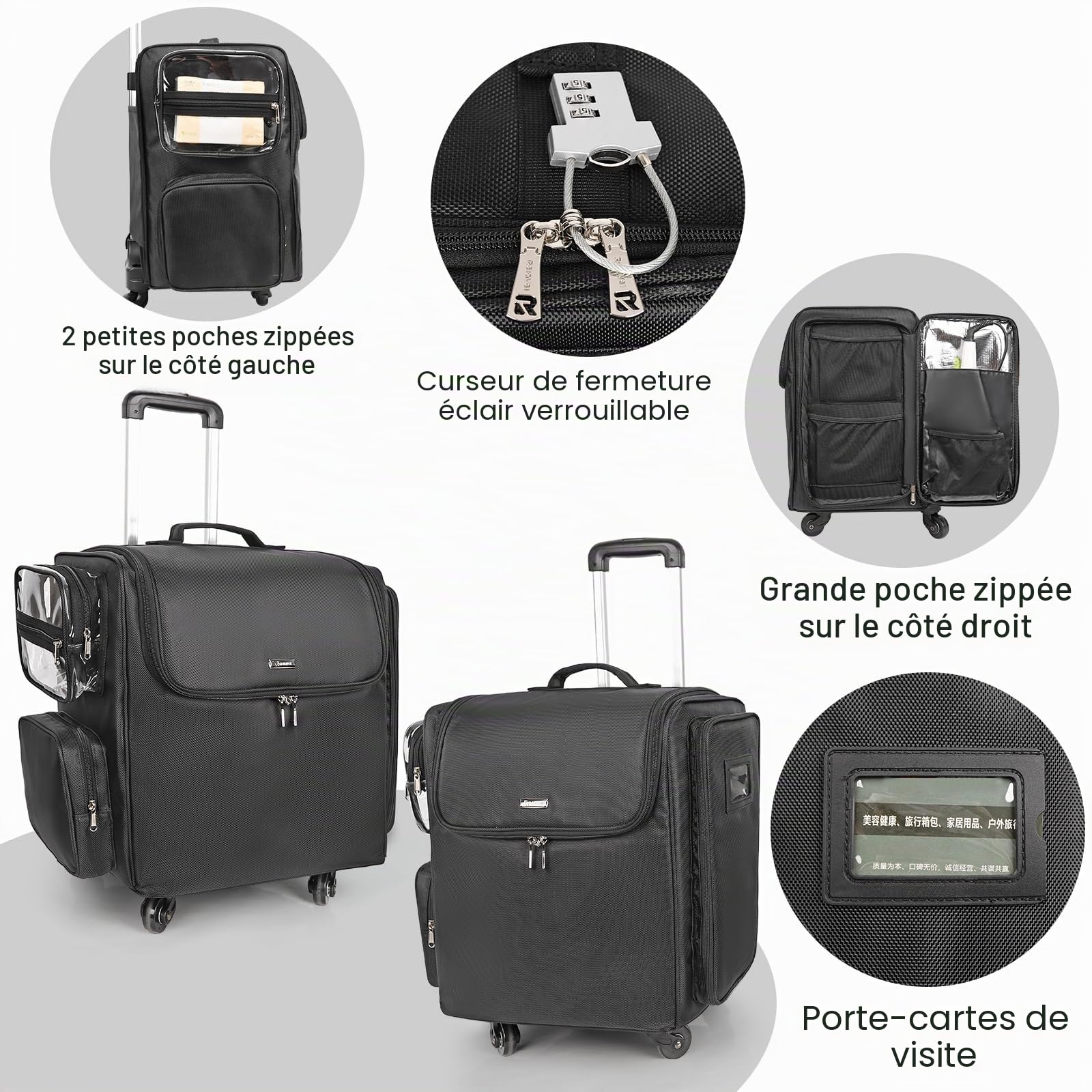 Valise cosmétique roulante, sac de voyage pour coiffeur avec 4 roues, isolation thermique, séparateurs réglables, outils pour cheveux et cosmétiques - Organisateur de rangement à roulettes, Noir ,