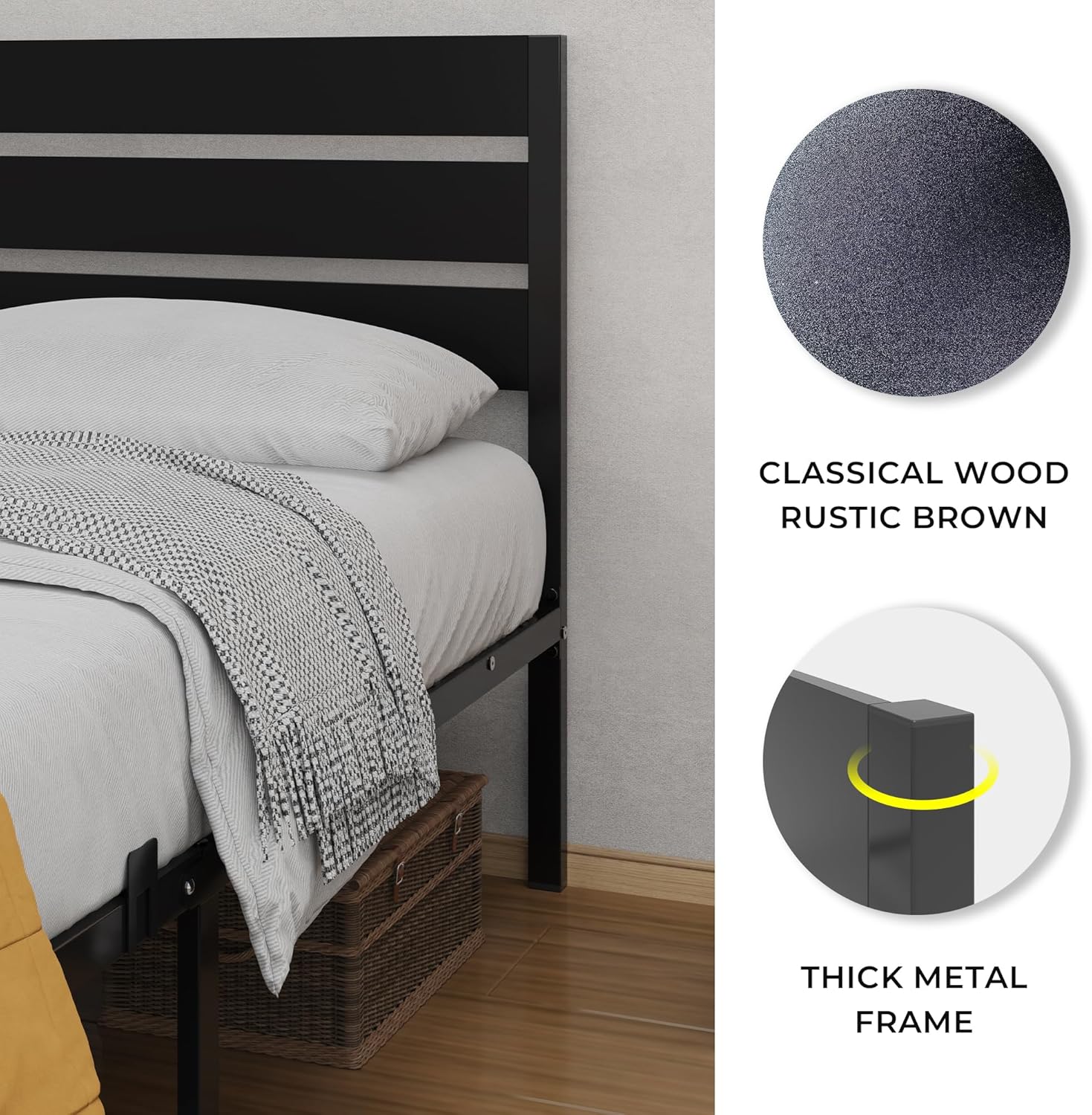 Image showing a mattress on the bed frame with a graphic indicating a recommended mattress height of 8 to 12 inches.