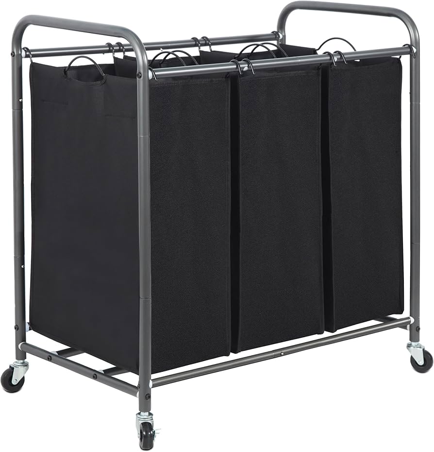 STORAGE MANIAC 3 Section Laundry Sorter, Heavy Duty Rolling Lockable Wheels Laundry Hamper Cart with Removable Bags, Black
