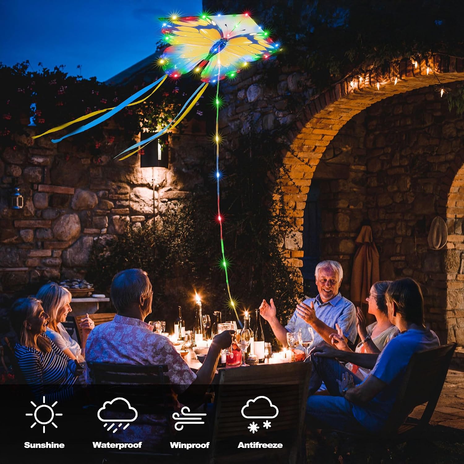 Toodour Solar Outdoor Lights, 2.9Ft 174 LED Solar Camping Lights Kite Butterfly Lights with 8 Modes, Waterproof Multicolor Solar Garden Lights for Home Yard Patio Decor - Blue & Yellow Butterfly