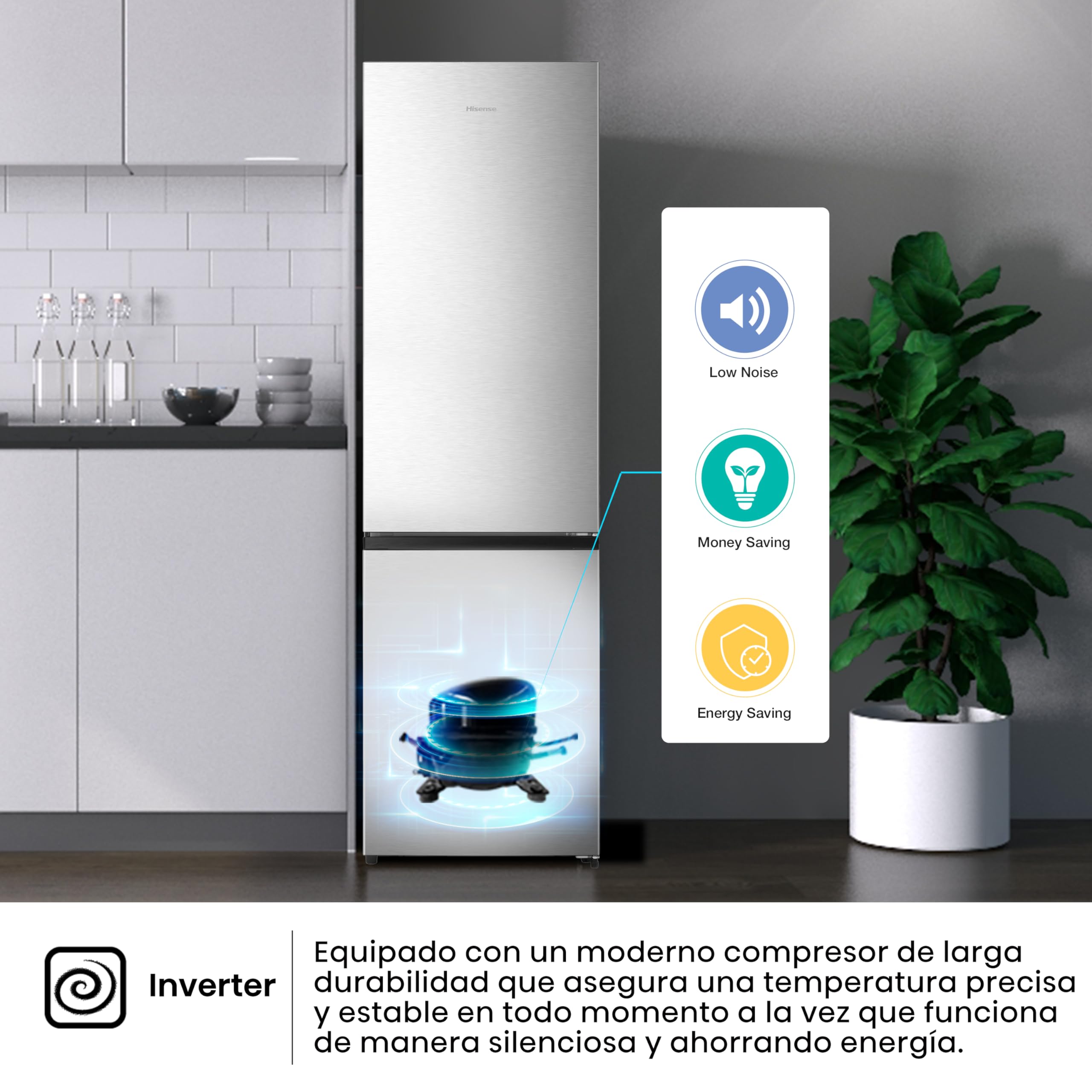 Hisense RB440N4ACA - Frigorífico Combi, Eficiente Clase A, Capacidad 336 L, Multi-air Flow, Micro Vents Cooling, Congelamiento Rápido, Total No Frost, Puerta Reversible, Color Inox