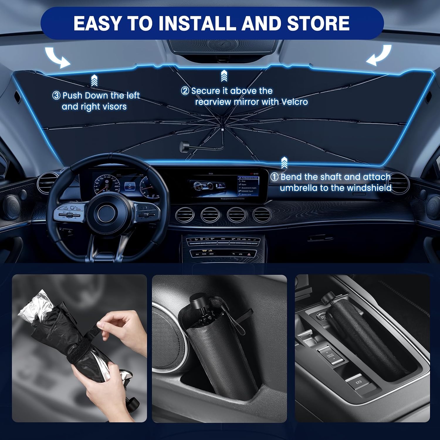 Windshield Sun Shade Umbrella, 55" x 31" Car Sun Shade Windshield Cover, Foldable Car Front Window Protector for Cars, SUVs, Hatchback