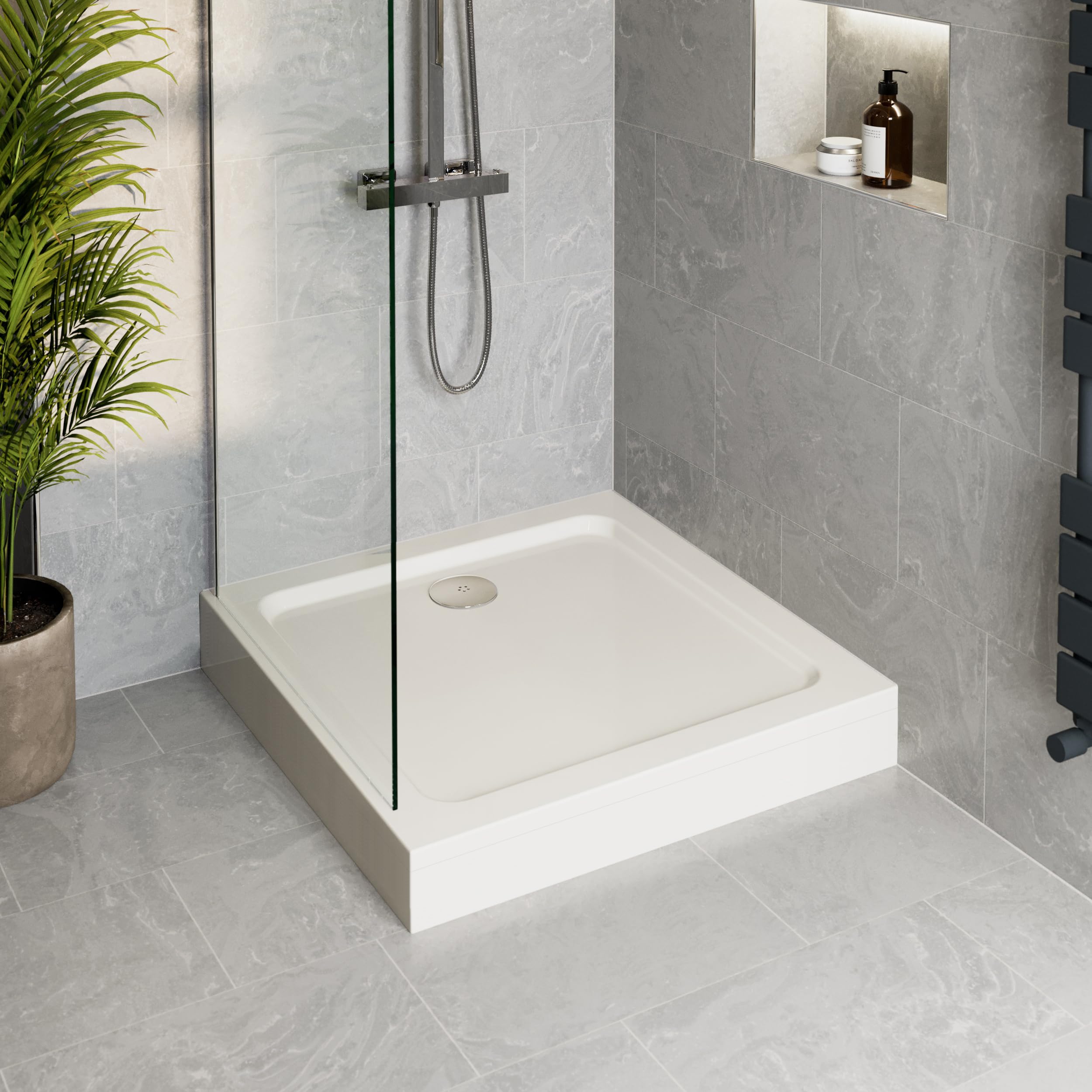 Podium® 800 x 800 x 140mm White Bathroom Non Slip Tray for Enclosures Cubicles & Wet Room with Chrome Waste + Riser Kit, Square