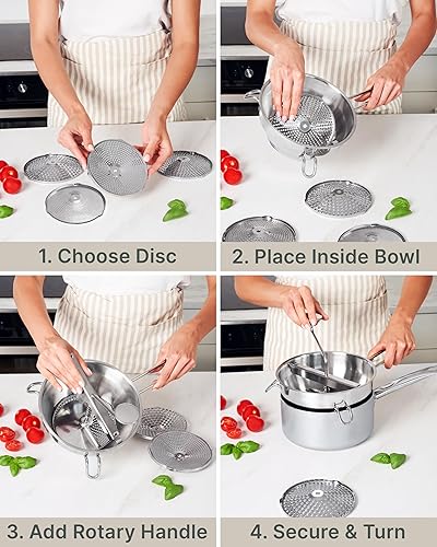 Miniatura 5 de Molino de alimentos de acero inoxidable de 4 discos mejorado, diseño giratorio ergonómico para salsa de tomate, puré de manzana, comida para bebés,
