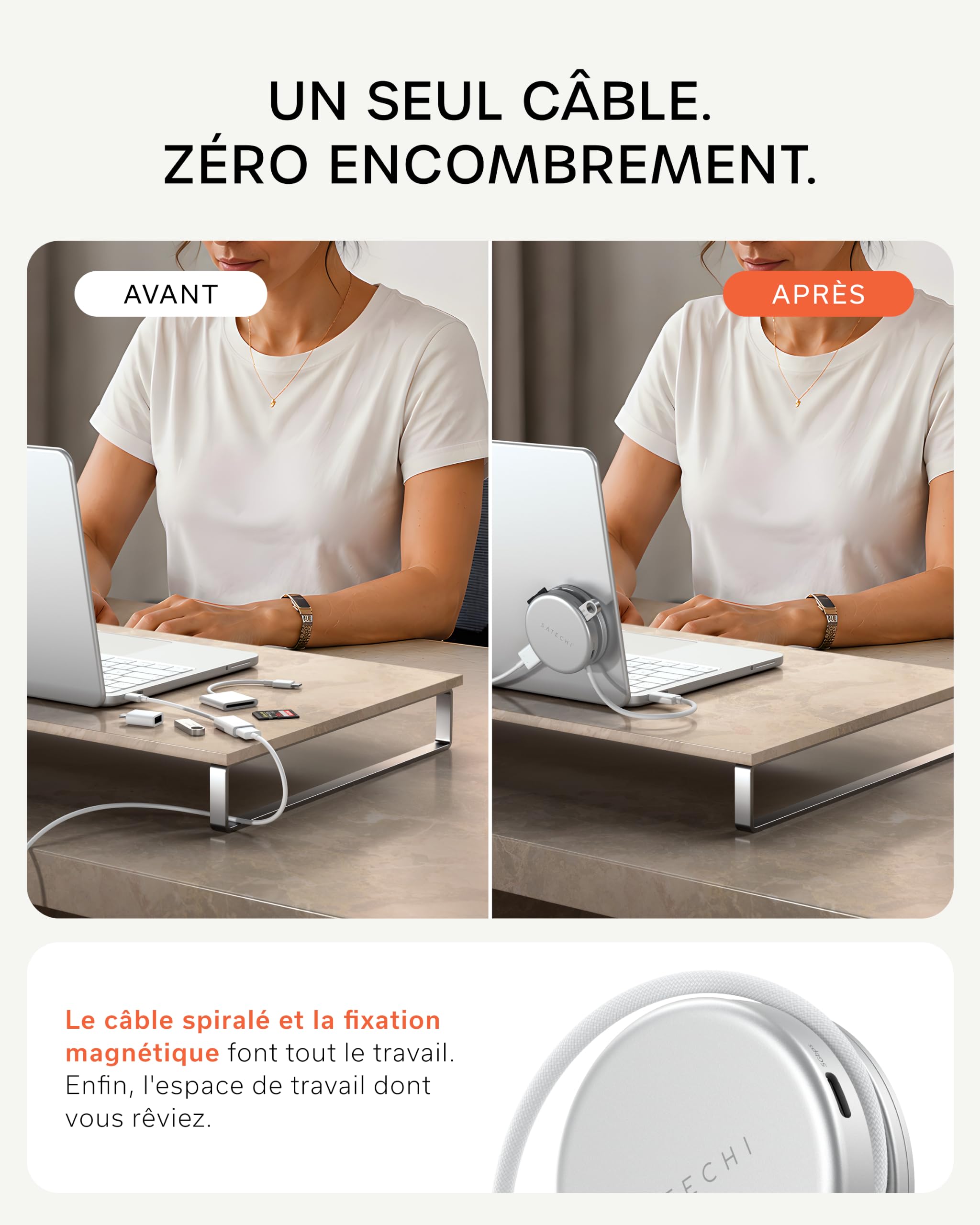 SATECHI OntheGo Hub USB C Magnétique 5 en 1, PD 60W, HDMI 4K, Argent | Câble enroulable intégré, fixation magnétique, 4K@60Hz, lecteur SD, USB-C/USB-A 5Gbps, pour MacBook, iPad, Windows et plus