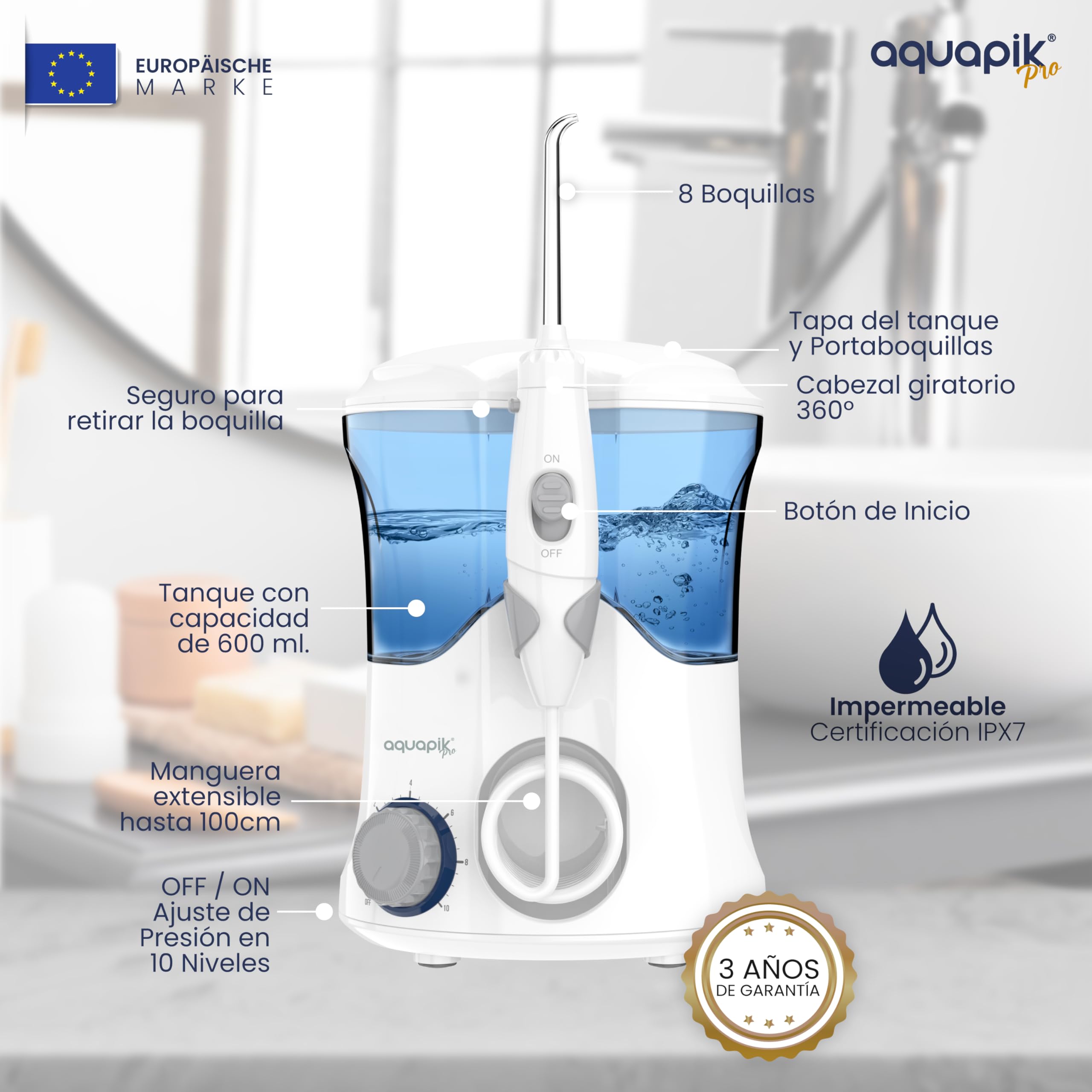 Pack Aquapik® PRO Irrigador Dental Sobremesa + Aquapik® ONE Portátil | Salud Bucal Completa en Casa y Viaje | Ahorra y Protege Encías y Dientes | Cuidado Premium Familiar (Blanco - Blanco)