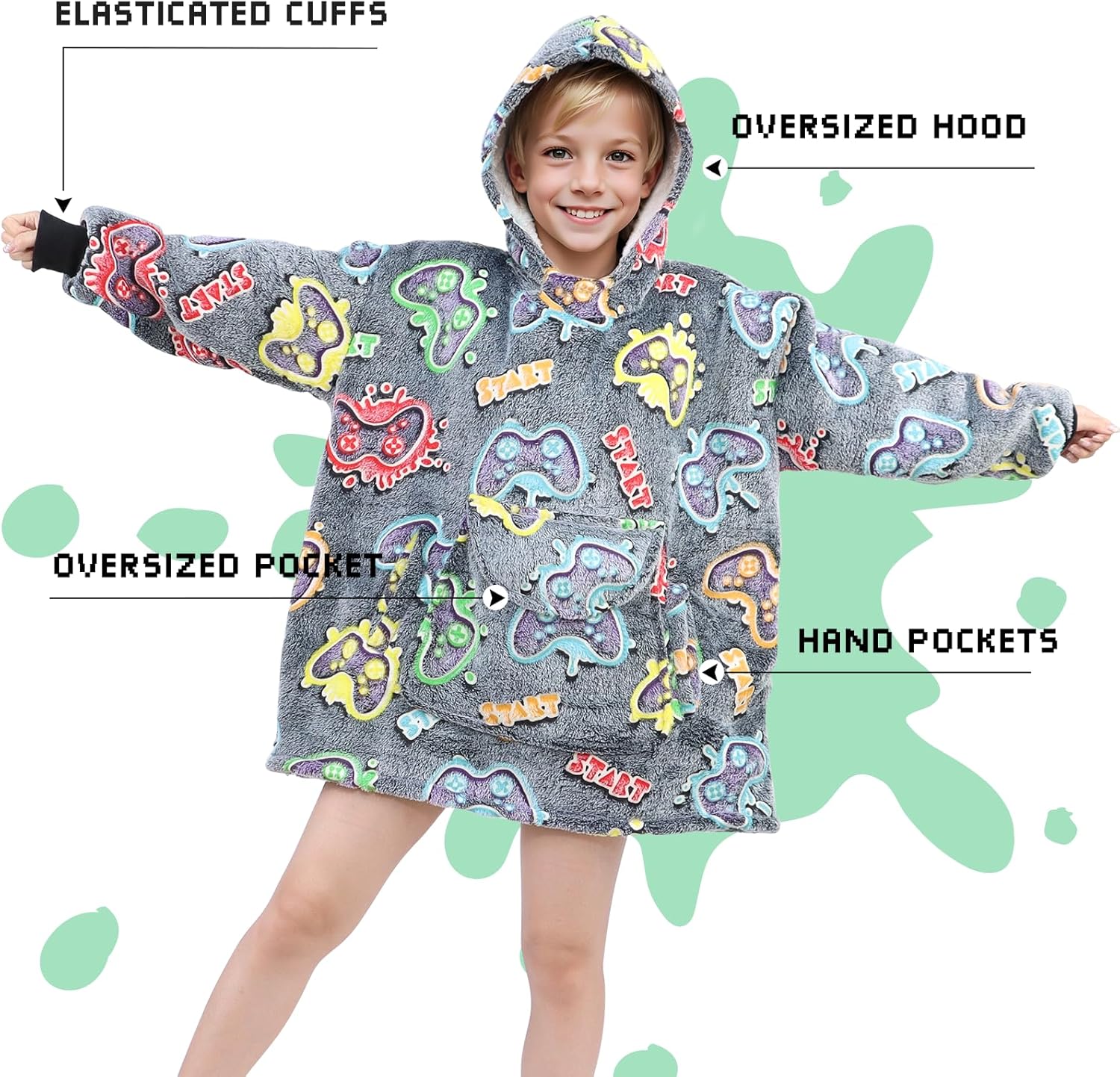 Wearable Blanket Hoodie Kids Gaming Sweatshirt Blanket with Giant Pocket Glow in the Dark Gamer Hooded Blanket 6-10 Year Old Girl Boy Birthday Gamer Gifts - Image 6