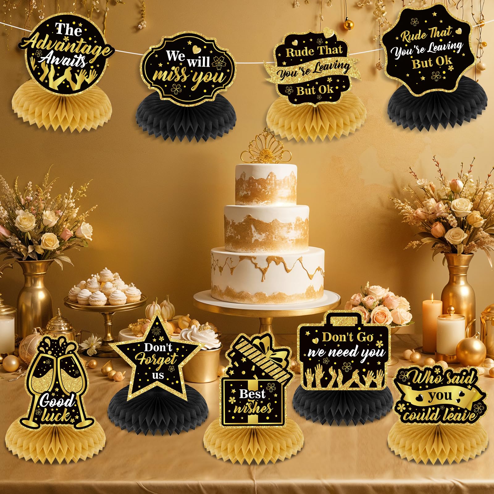 9Pcs Farewell Party Decorations Black Gold Rude That You're Leaving But Ok Honeycomb Centerpieces We Will Miss You Table Topper Decor for Coworker Leaving Goodbye Going Away Retirement Party Supplies