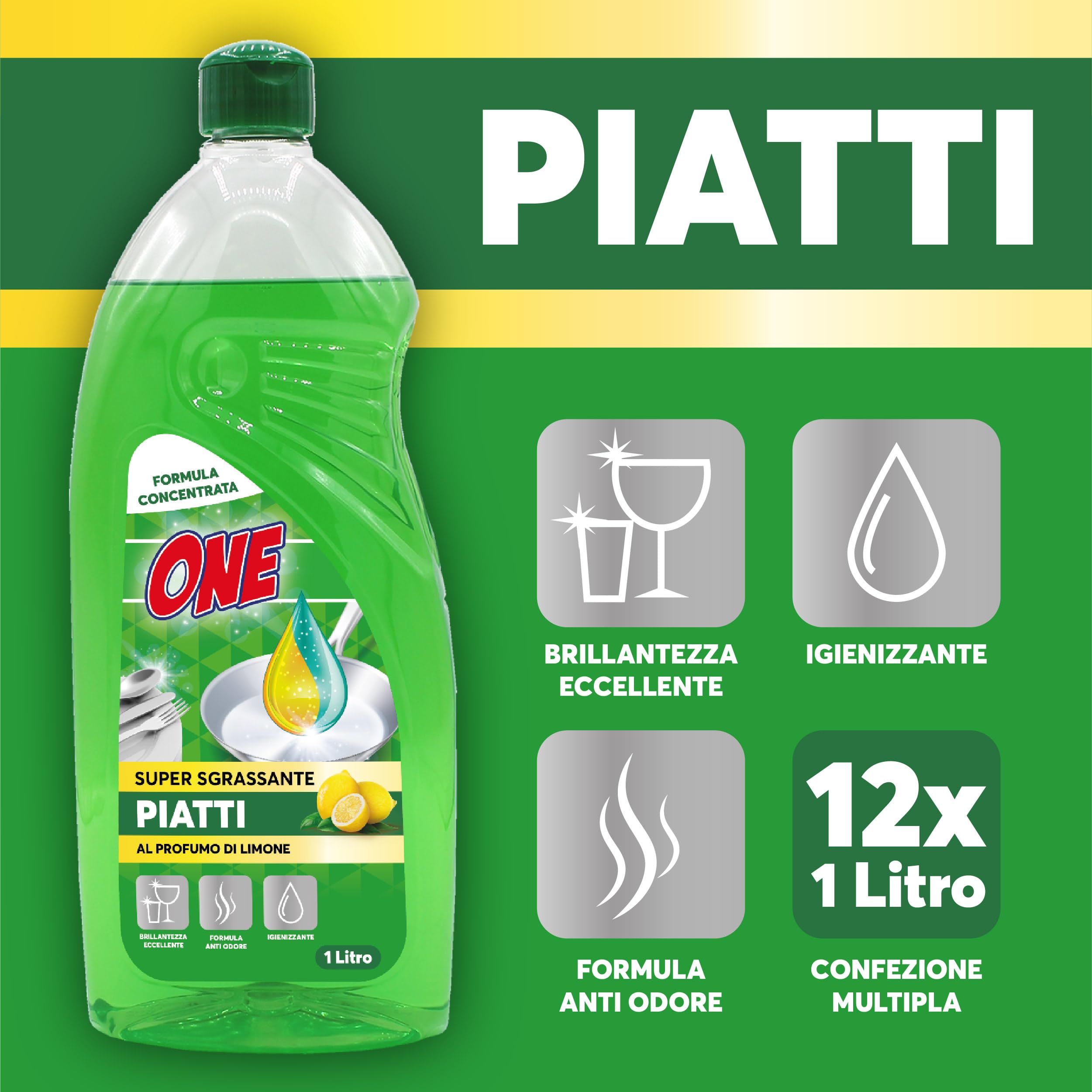 ONE - Pacco da 12 confezioni di 1 lt DETERSIVO LIQUIDO DETERGENTE PIATTI A MANO al profumo di limone - Neutralizza grasso e sporco - Pulizia a basso impatto ambientale