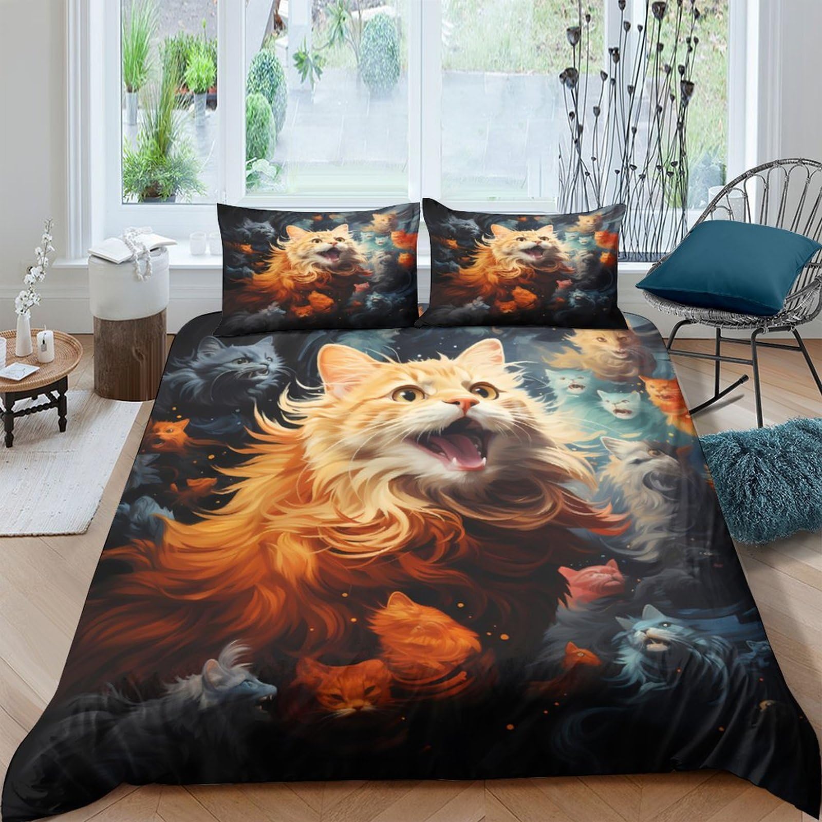 Ctjqhvkz Style-1 3D Printed Majestic Cat Fitted Sheet Microfiber Soft Vibrant Orange Cloud Bed Cover For Bedroom Dorm Decor Single（135X200cm）