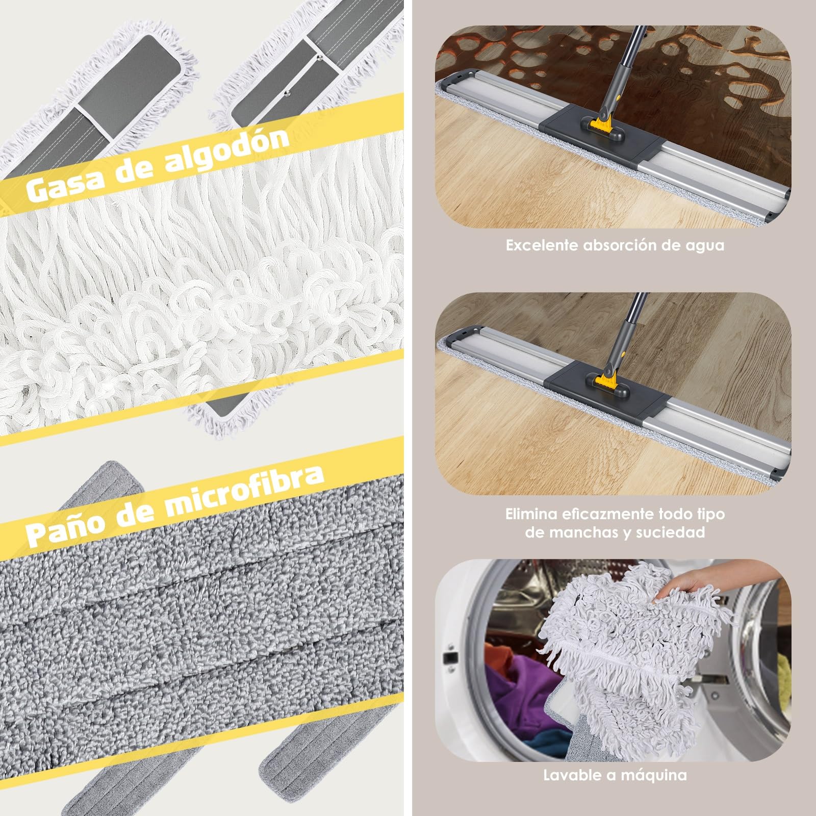 Fregona Grande Plana, Mopa para Limpiar con Manico Telescopico, Fregona Industrial de Suelo Profesional con 3 Tamponi in Microfibra en Seco y en Húmedo, 80*11*154cm