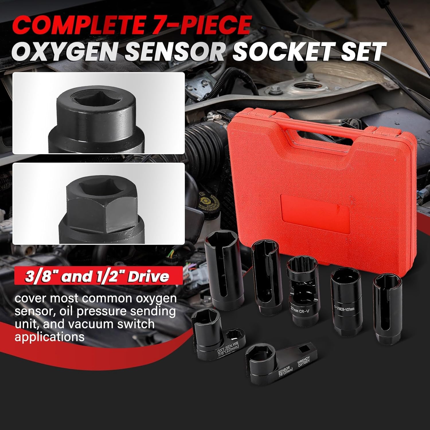 DASBET 7PCS Oxygen Sensor Socket Set | 3/8" & 1/2" Drive O2 Sensor Remover Set 22 mm 27 mm 29 mm O2 Removal and Installation Universal Puller and Removal Tool
