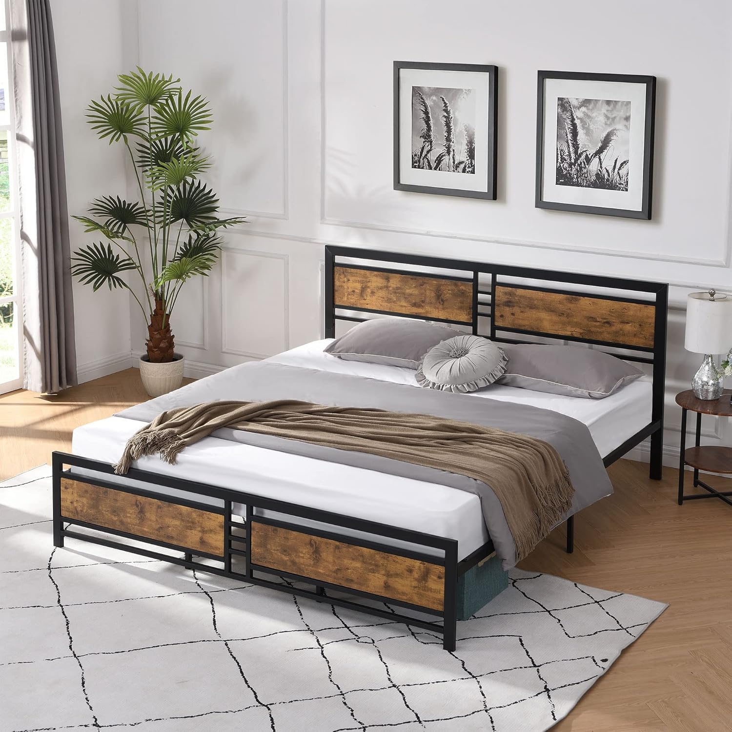 Modern King Size Metal Platform Bed Frame with Wood Headboard, Heavy Duty Mattress Foundation with Slat Support, Easy Assembly, Noise-Free, No Box Spring Needed (King)