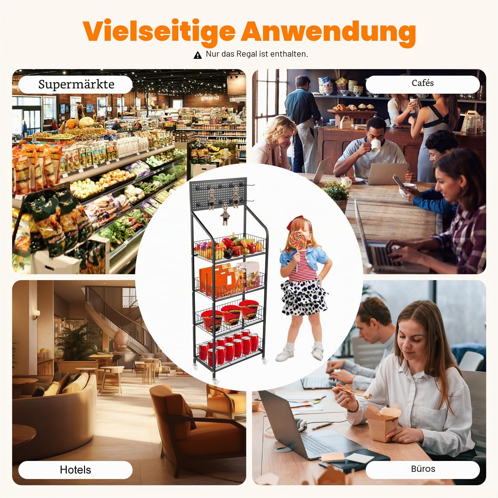 OUKANING Snackregal mit 4 Ebenen, Regal für Süßigkeiten mit Hängebrett & Rollen, Snack-Display & Chips-Regal, Höhenverstellbar Einzelhandelsständer Für Läden Zuhause, Geschäfte 50x27x140cm Schwarz Küc