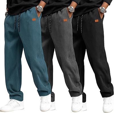 Neer 3 Pack Men's Corduroy Pants, Casual Drawstring Elastic Waist Straight Leg Loose Fit Baggy Sweatpants with Pockets