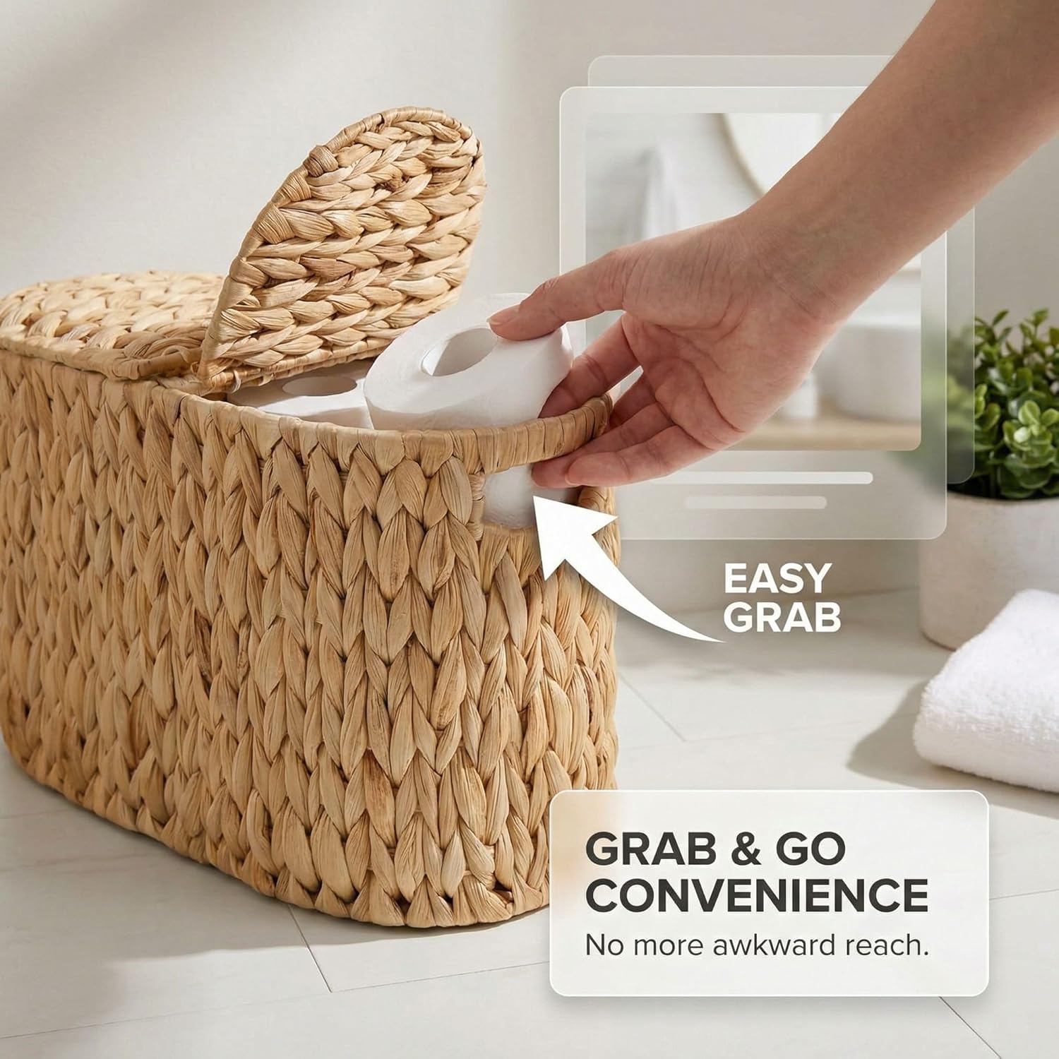 DEILSY™ Natural Water Hyacinth Toilet Paper Basket for 6 Rolls, Slim Toilet Paper Storage Basket with Built-in Handles for Bathroom or Powder Room (6 Rolls)