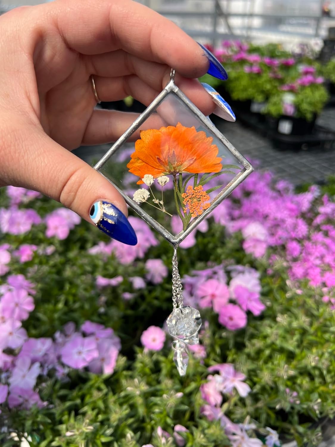 Pressed Birth Flower Sun Catcher, Diamond Shape Glass Ornament with Crystal Dangles, Handmade Botanical Window Decoration (April)